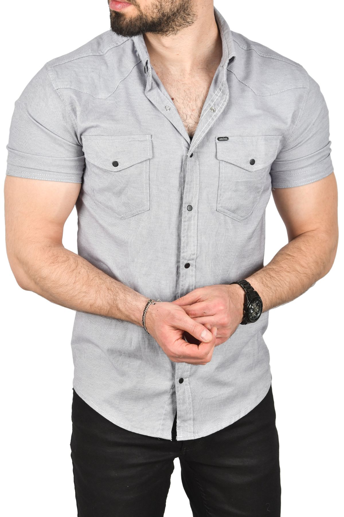 DeepSEA Erkek Gri Slim Fit Pamuklu Likralı Kısa Kol Gömlek Kolay Ütülenebilir Çıt Çıtlı Cepli Spor Gömlek 24
