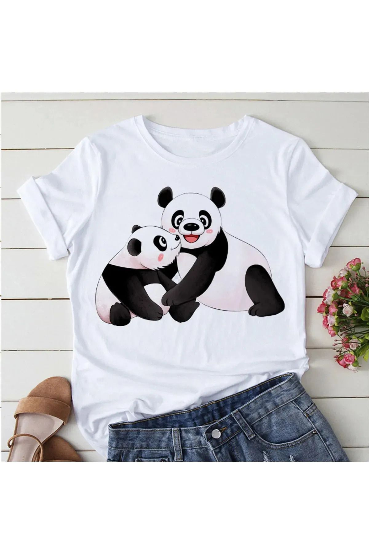 FeaR LeeS Panda Yoga Baskı Sevimli Kadın T-shirt