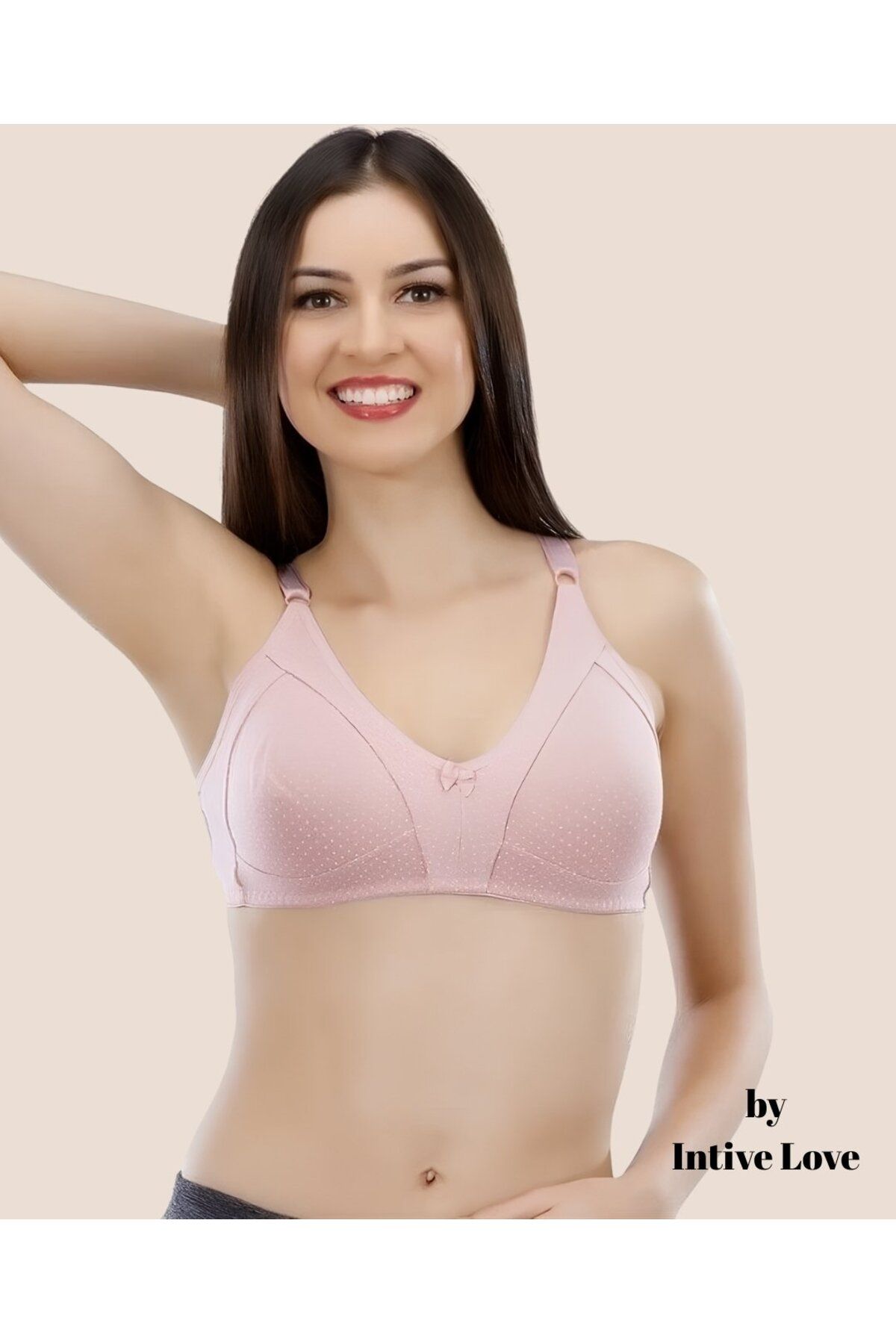 İntive Lingerie Liza Puantiye Desenli Pamuklu Penye Kalın Askılı Toparlayıcı Balensiz Desteksiz Rahat Sütyen