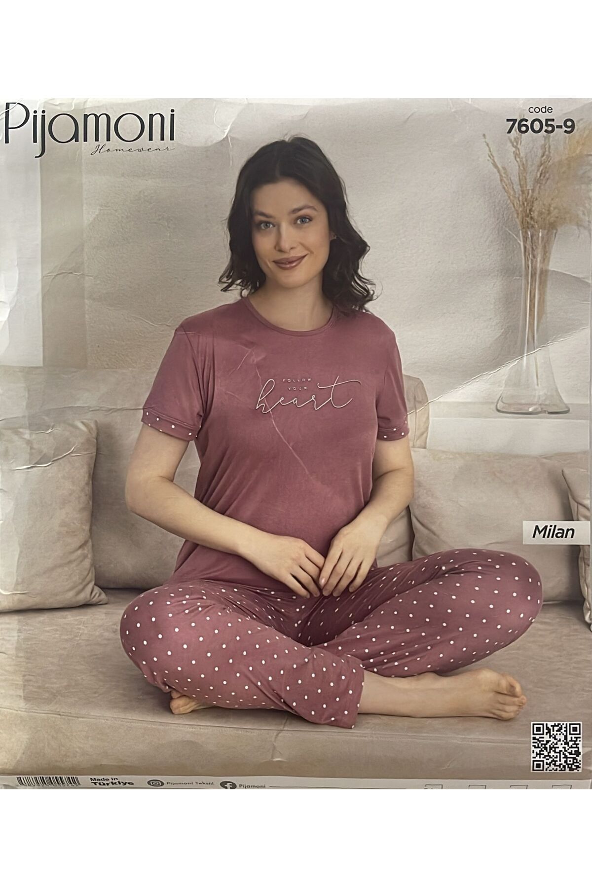 Pijamoni GÜL KURUSU KISA KOLLU MİLAN KUMAŞ PİJAMA TAKIMI