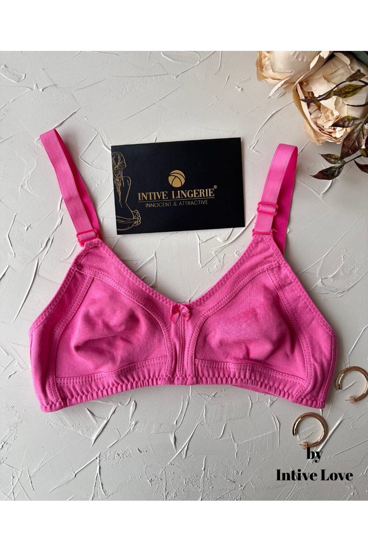 İntive Lingerie Liza Puantiye Desenli Pamuklu Penye Kalın Askılı Toparlayıcı Balensiz Desteksiz Rahat Sütyen