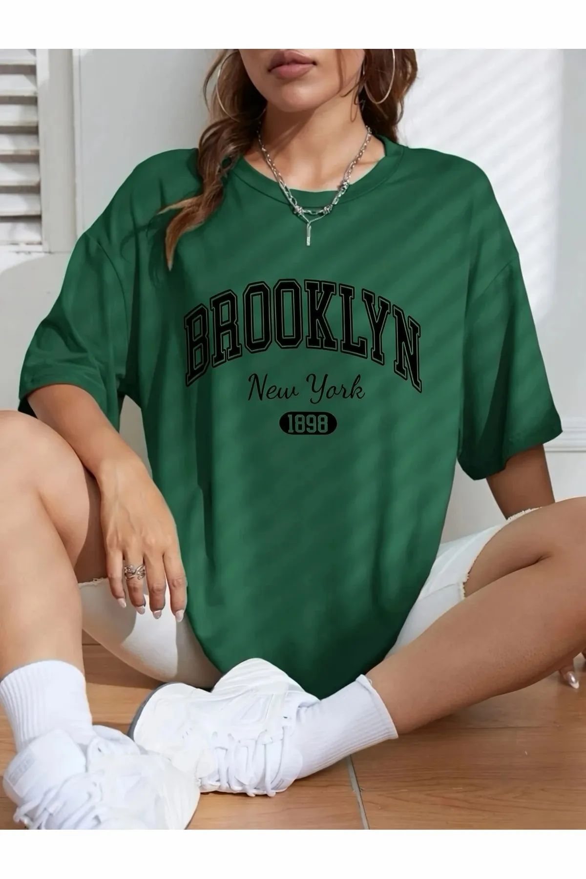ship master Brooklyn Harf Baskılı Düşük Omuzlu T-shirt, Rahat Kısa Kollu Bol T-shirt, Kadın Giyim