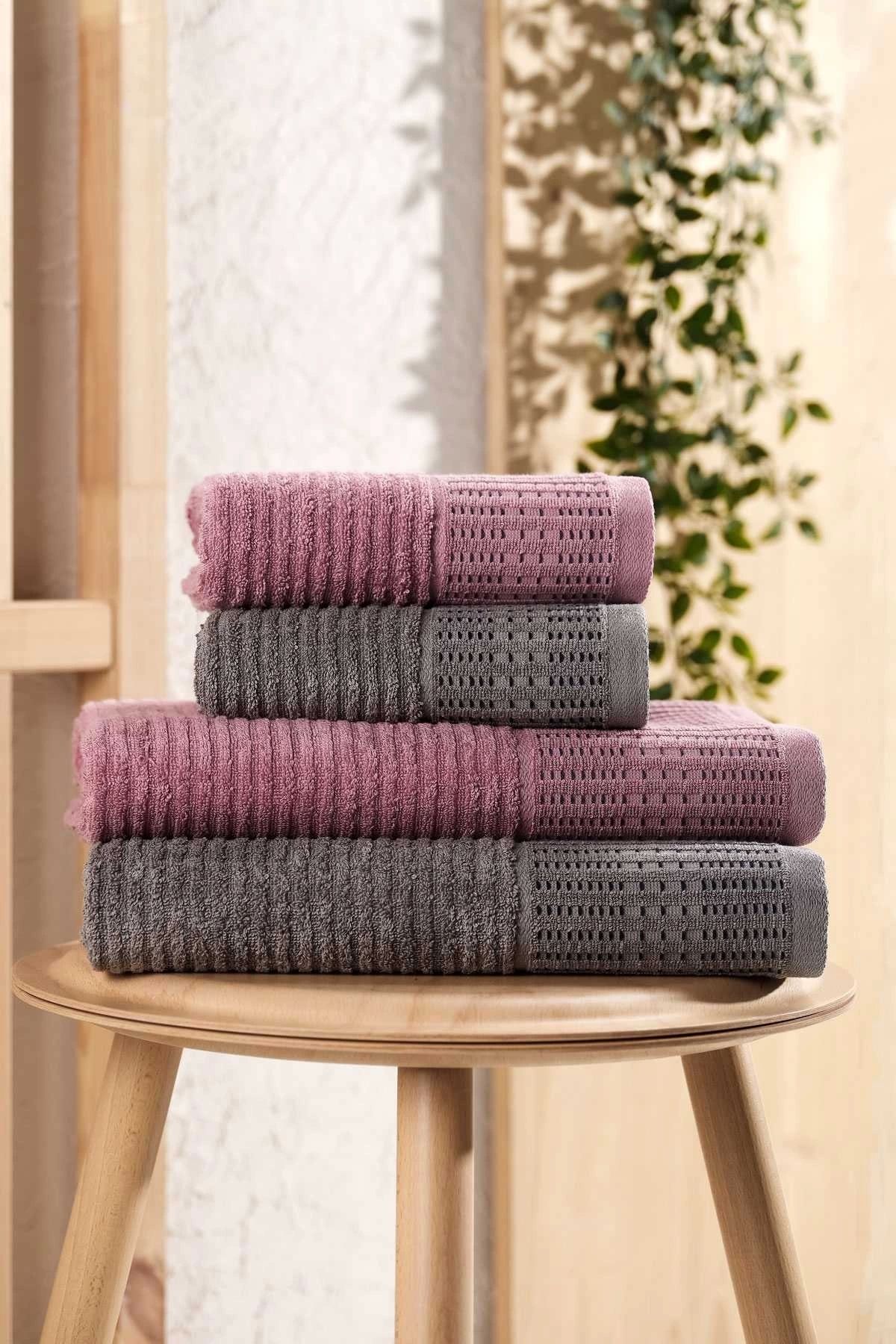 Mira Home 4 Parça Büyük Boy Banyo Havlu Takımı %100 Pamuklu Marena Antrasit Mürdüm