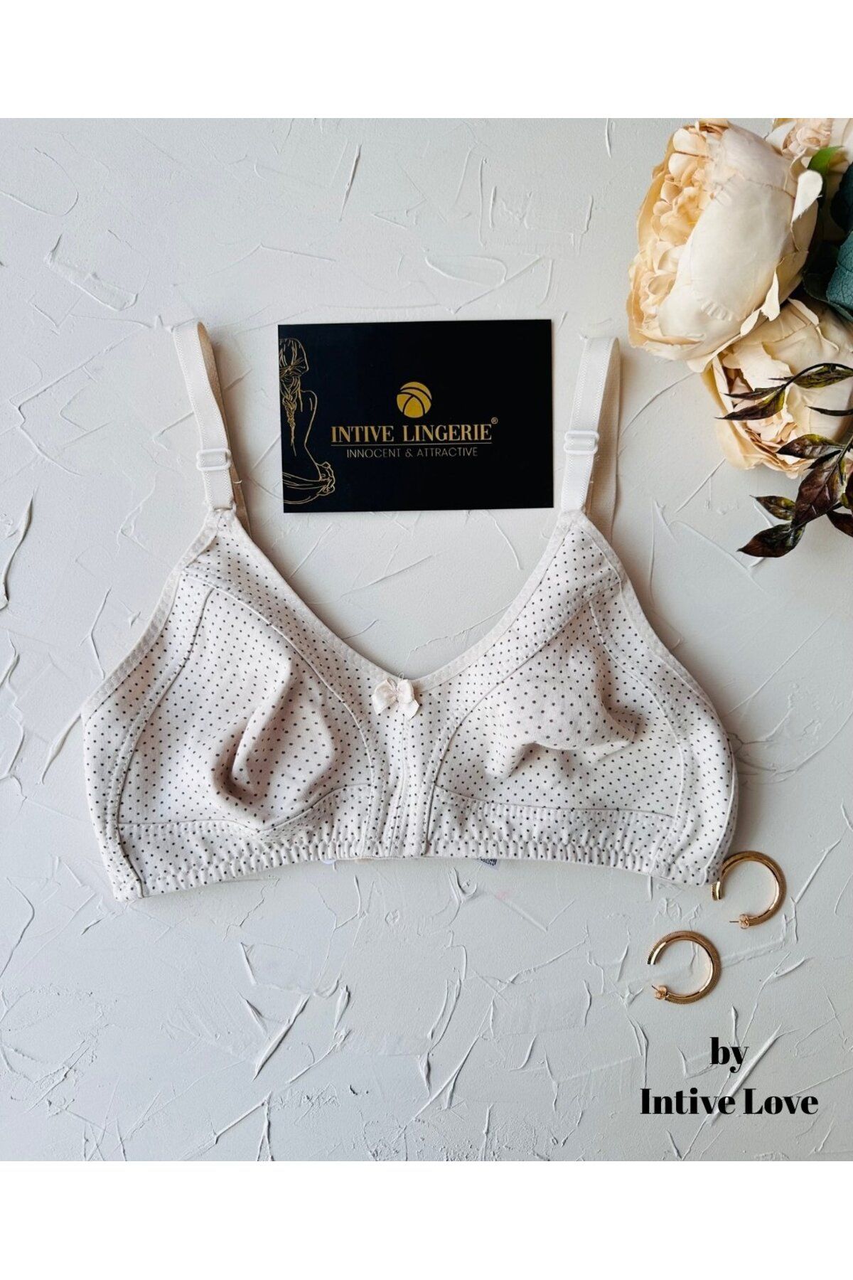 İntive Lingerie Liza Puantiye Desenli Pamuklu Penye Kalın Askılı Toparlayıcı Balensiz Desteksiz Rahat Sütyen