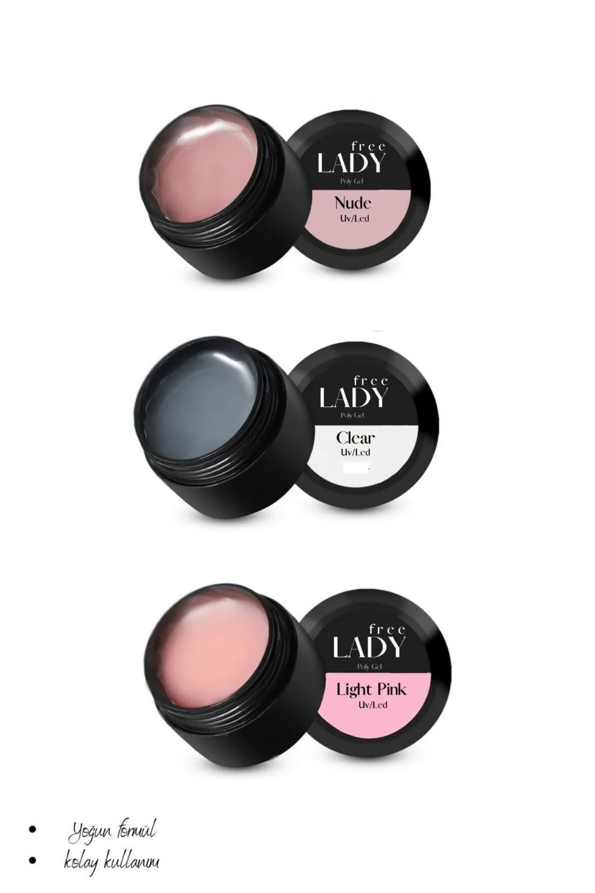 FREELADY Polygel 15ml x 3’lü Set - Protez Tırnak jeli Nude-Clear-Light Pink