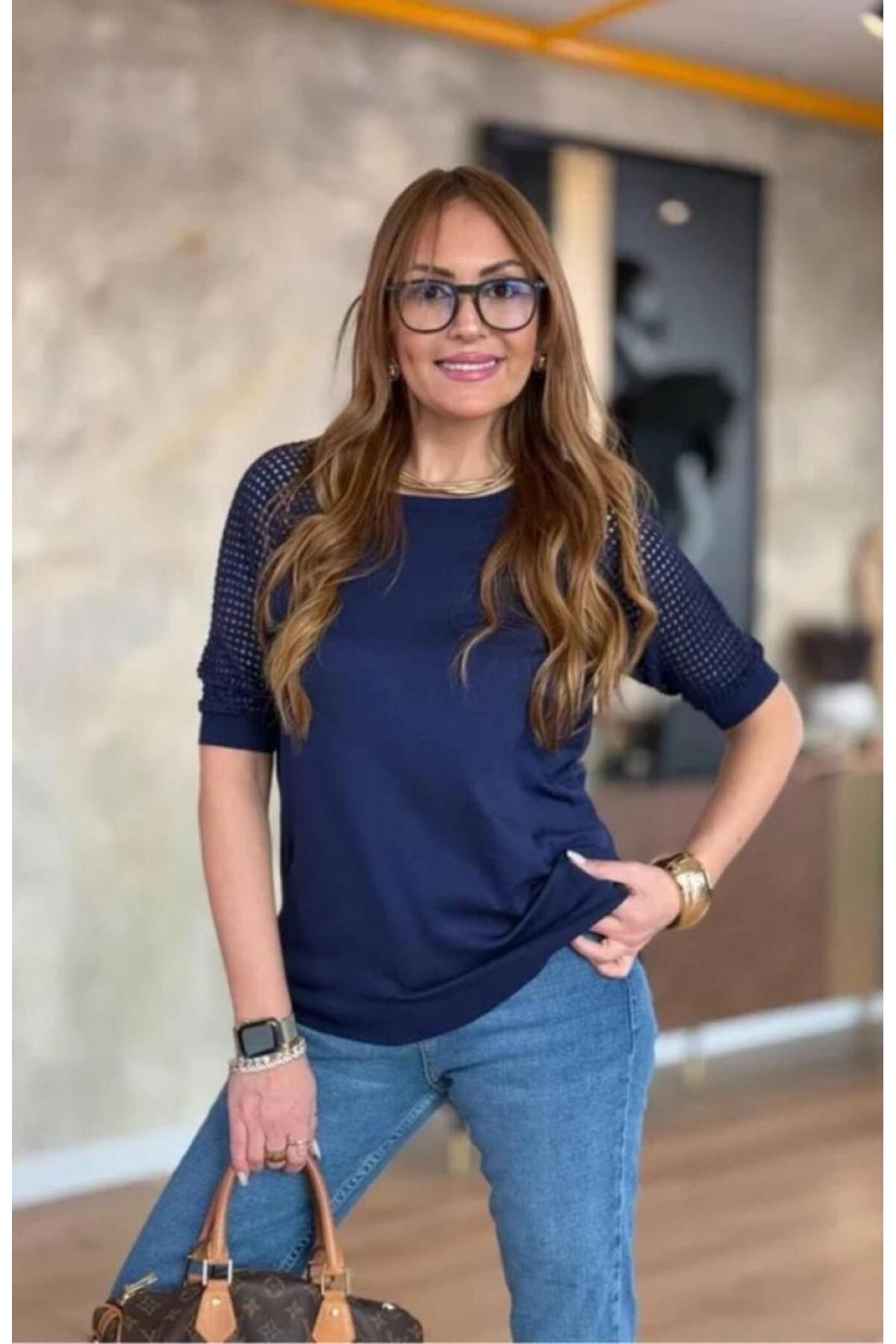 KısmetSepeti Kadın Yuvarlak Yaka Kol Örgü Detaylı Merserize Lacivetr Şık Bluz