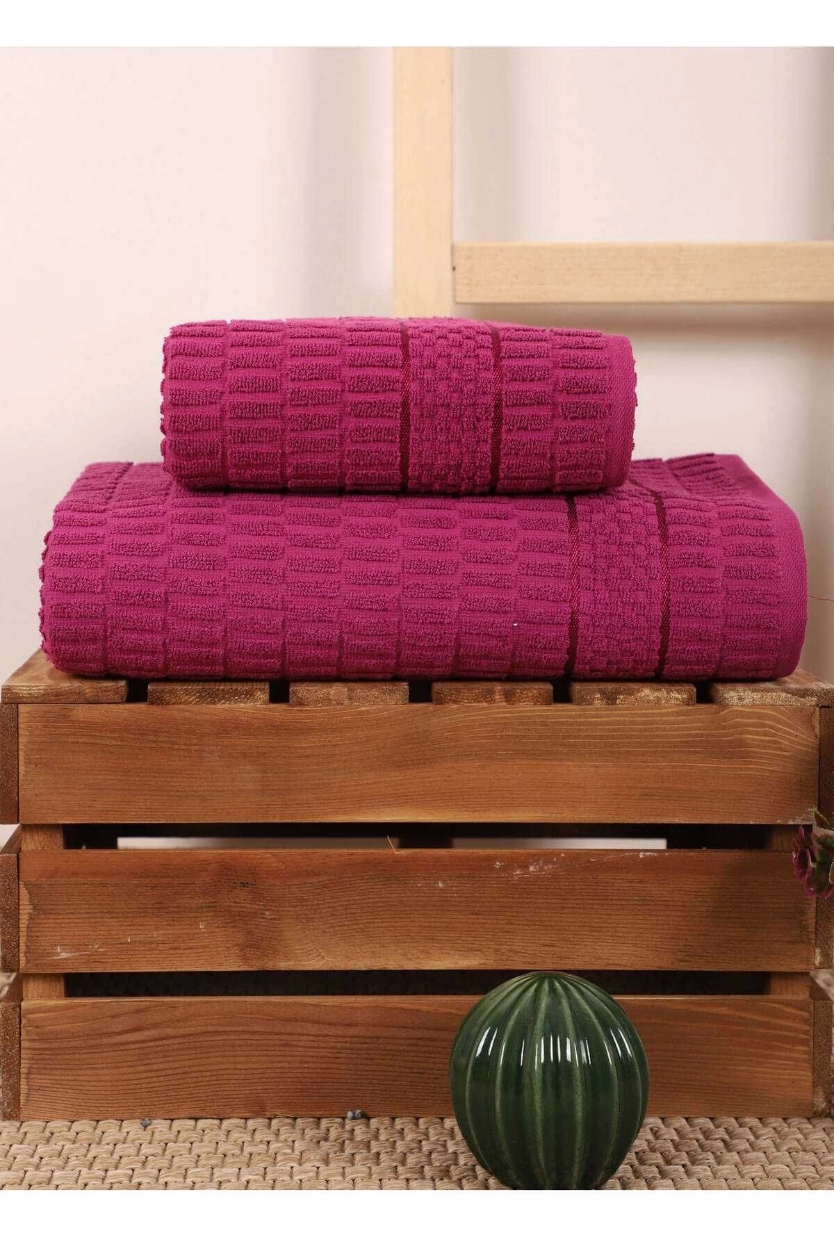 Mira Home 2 Parça Banyo Havlu Takımı %100 Pamuklu Çubuk Desen Vişne
