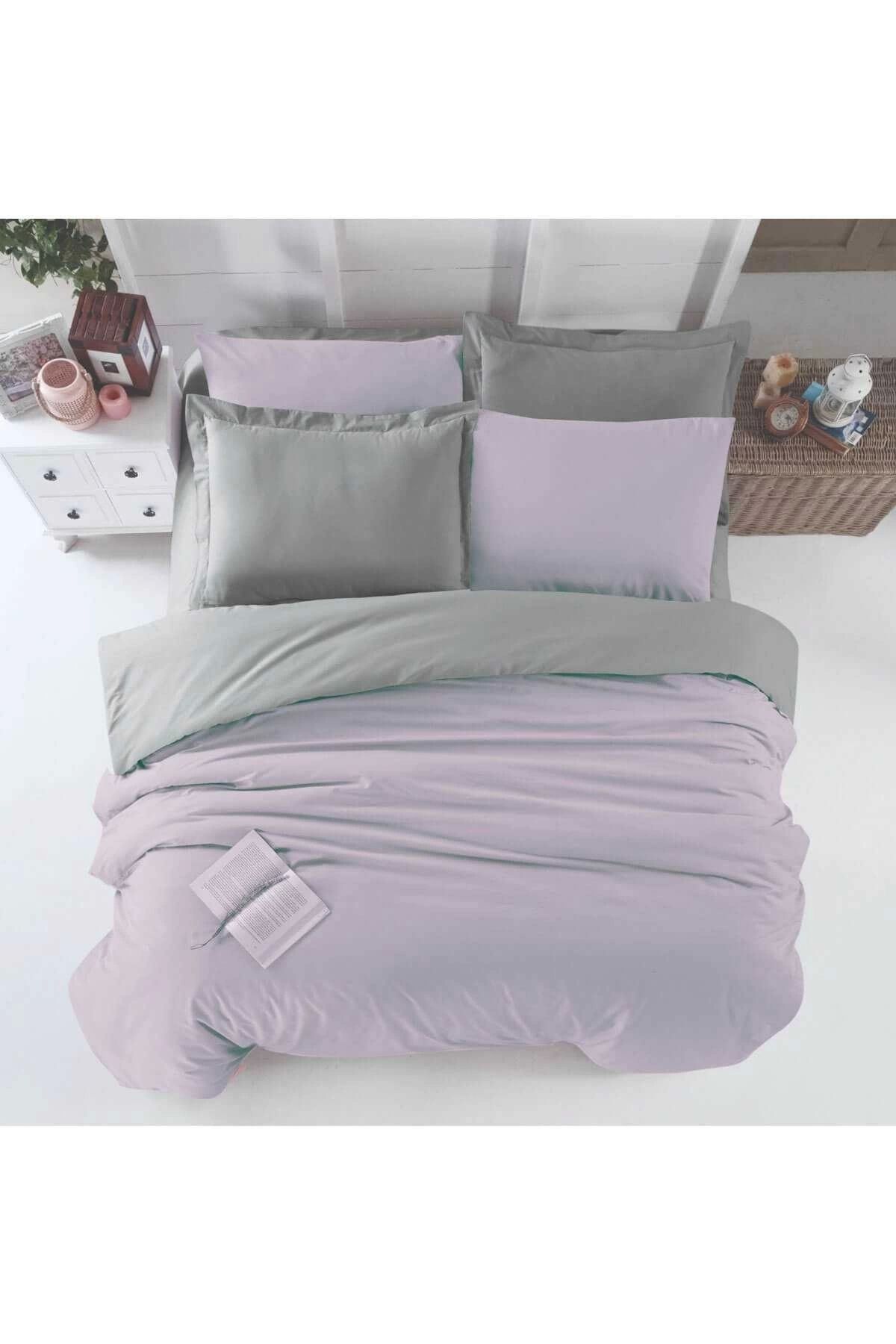 Mira Home Çift Kişilik Lastikli Çarşaflı Nevresim Takımı Pamuklu Four Season Lila Gri