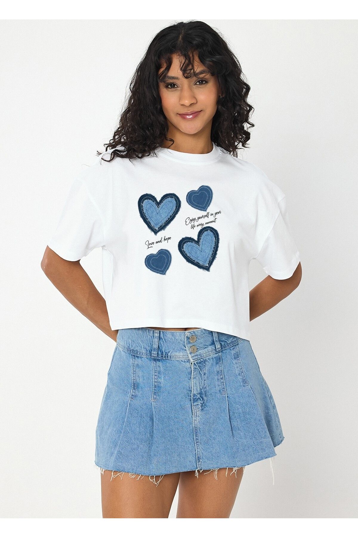 VEK Kot Görünümlü Oversize Crop T-Shirt (Kot İçermez)