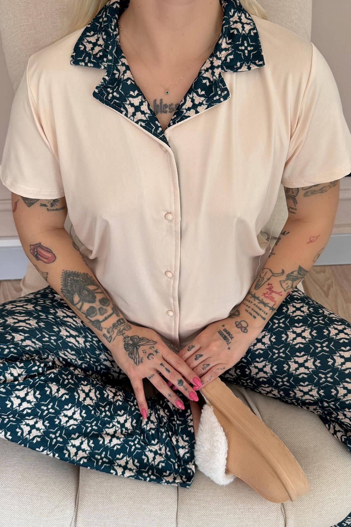 Pijamaevi-Beige Floral Harmony Exclusive Front Buttoned Women's Pajama Set 5
