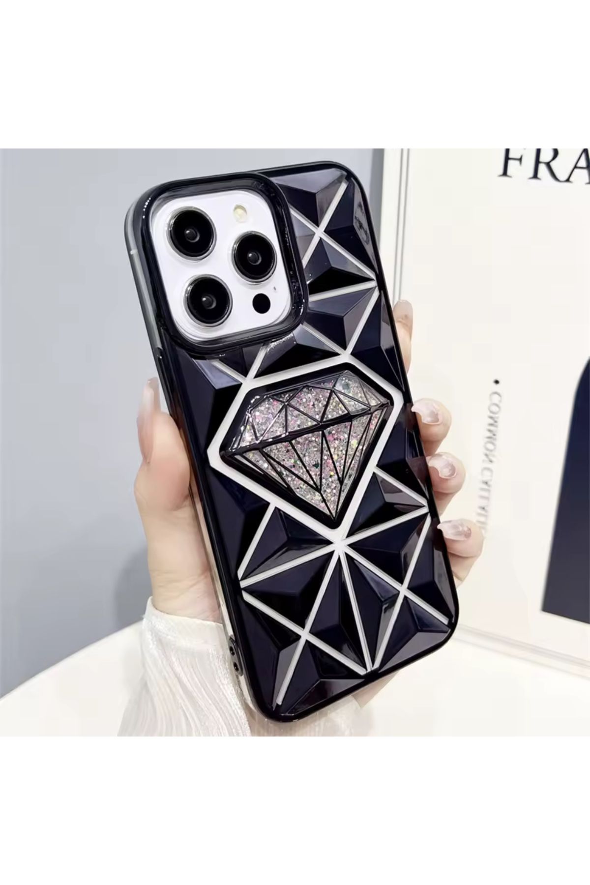 EDELFU iPhone 14 Pro Max Parlak Elmas Desenli Simli Kapak Koruyucu Silikon Kılıf