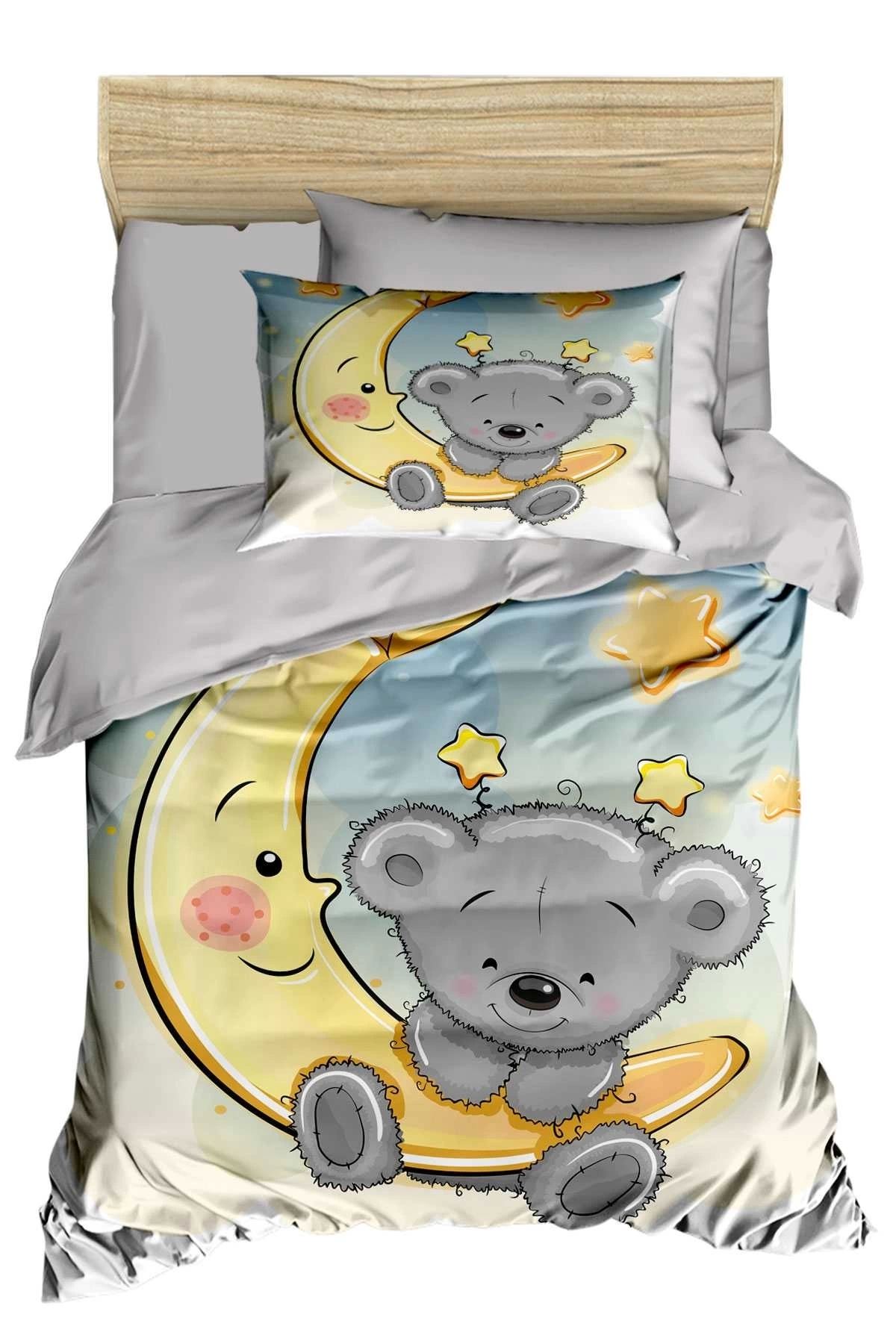 Mira Home Yenidoğan Kız / Erkek Unisex Bebek Nevresim Takımı %100 Pamuklu Aydaki Ayıcık