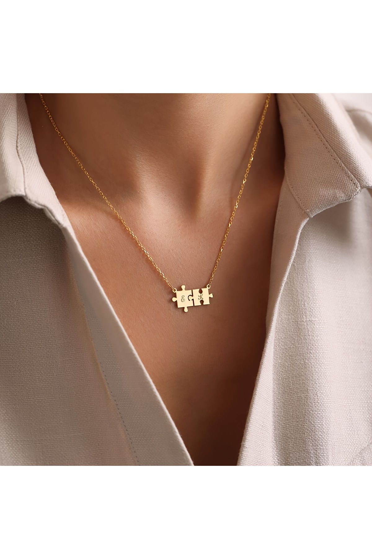 VESTA JEWELRY 925 Ayar Gümüş Kadın Puzzle Yapboz Geometrik Desenli Altın Kaplamalı Kolye