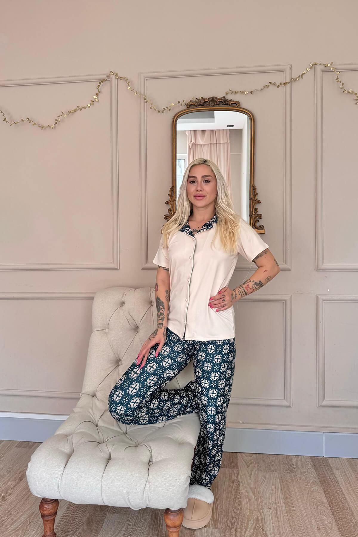 Pijamaevi-Beige Floral Harmony Exclusive Front Buttoned Women's Pajama Set 6