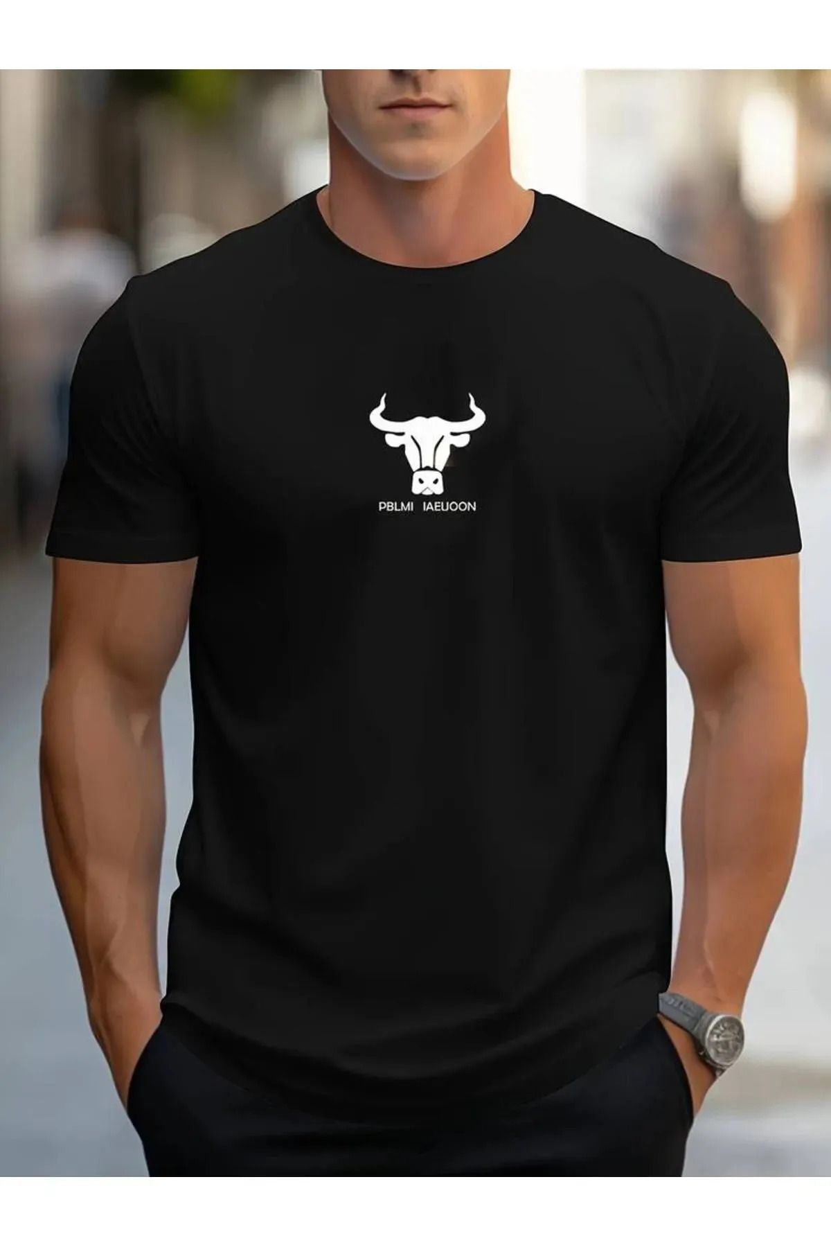 FeaR LeeS BULL HEAD Baskılı Erkek Bisiklet Yaka Kısa Kollu Rahat Oversize Tshirt