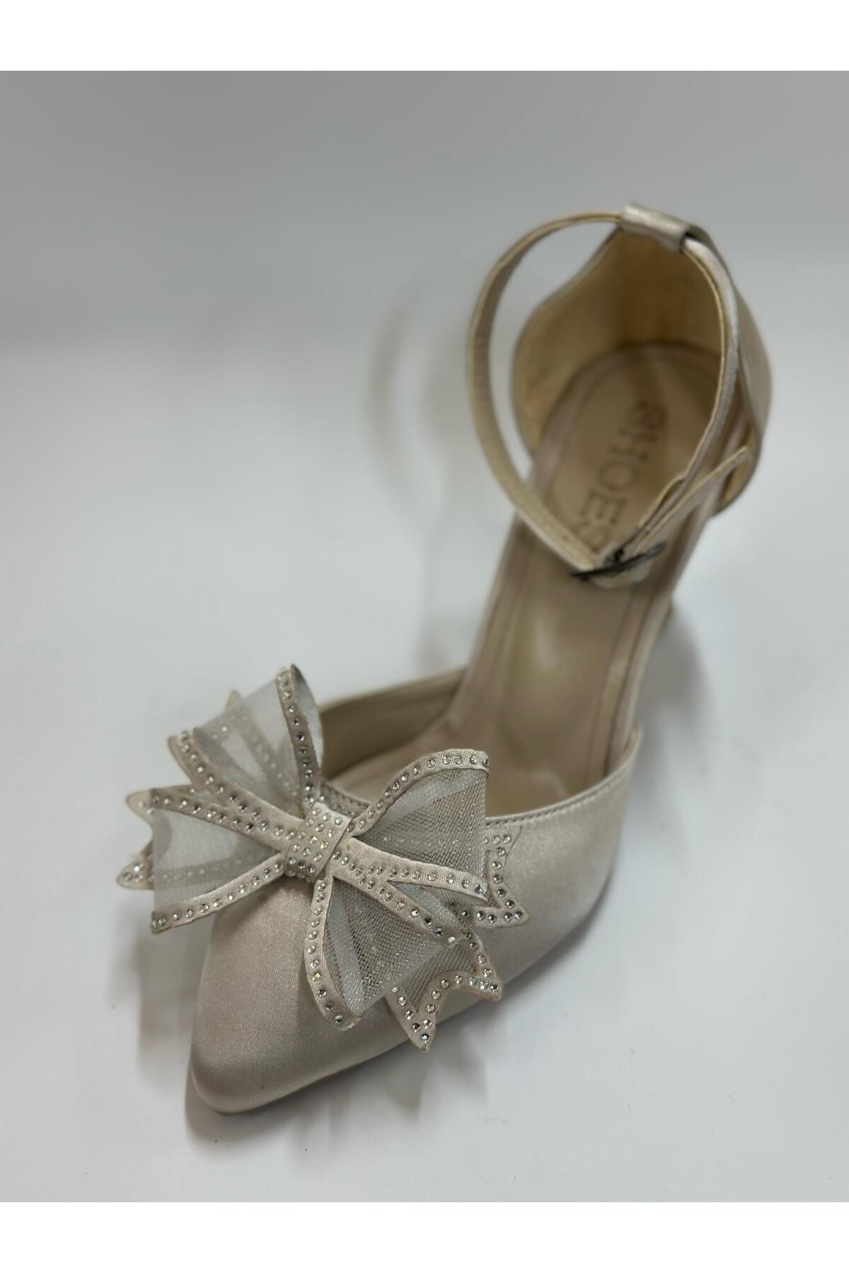 LINASHOES07 Pudra Saten Taşlı Tül Fiyonklu Şık Abiye Topuklu Ayakkabı
