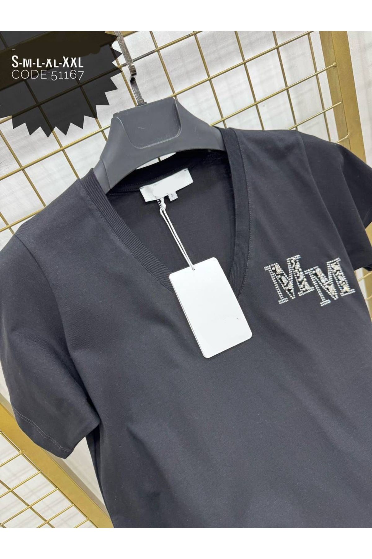 Butik Ayseba Kadın Siyah MM Taşlı V Yaka T-Shirt