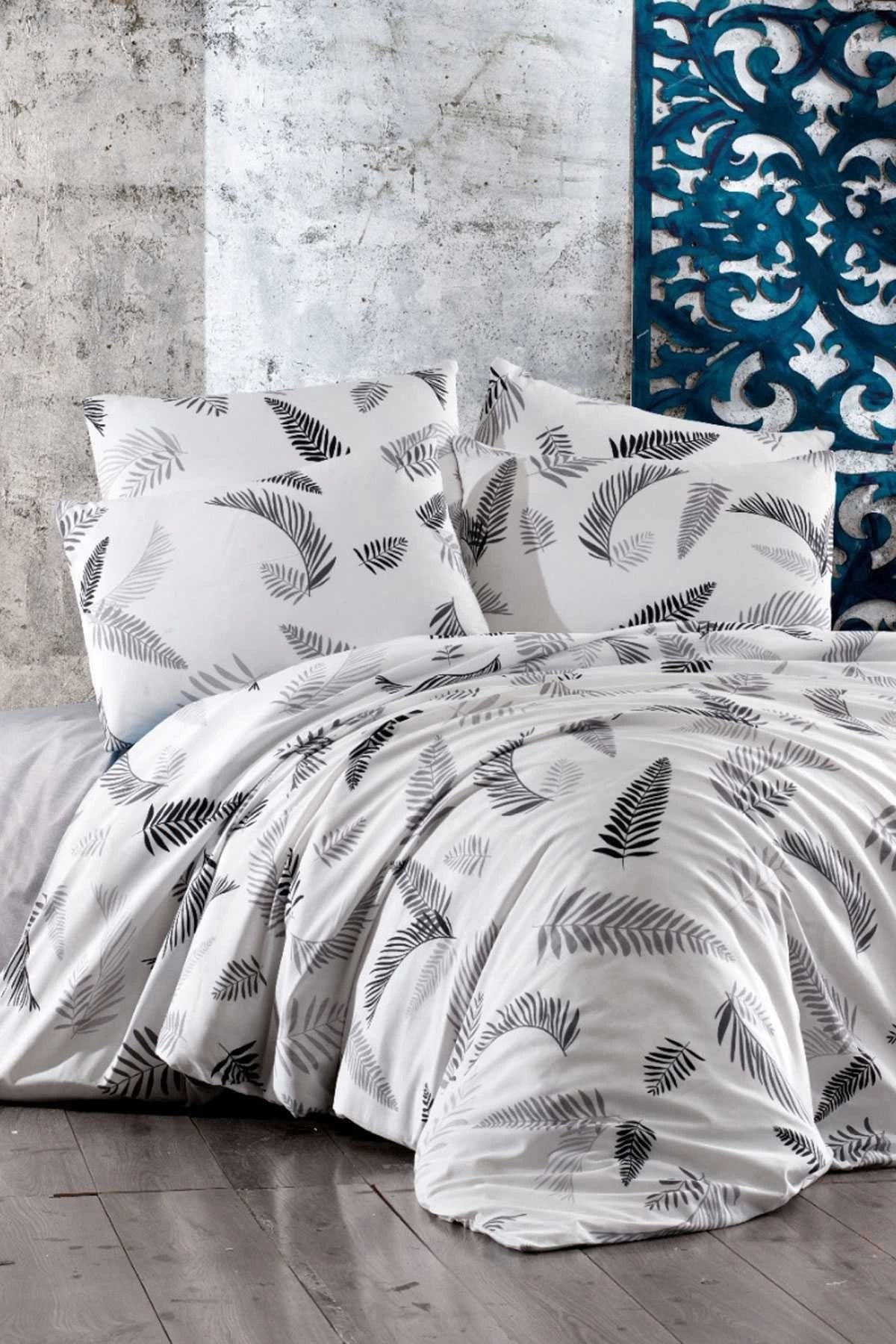 Mira Home Çift Kişilik Lastikli Çarşaflı Pamuklu Nevresim Takımı Gray Leaf