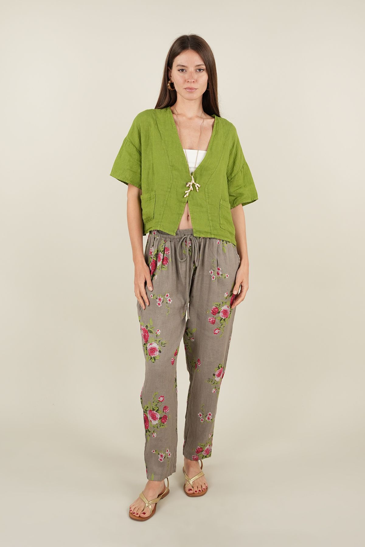 Ranasubaşı Rose Model Bağlamalı Keten Pantolon Vizon