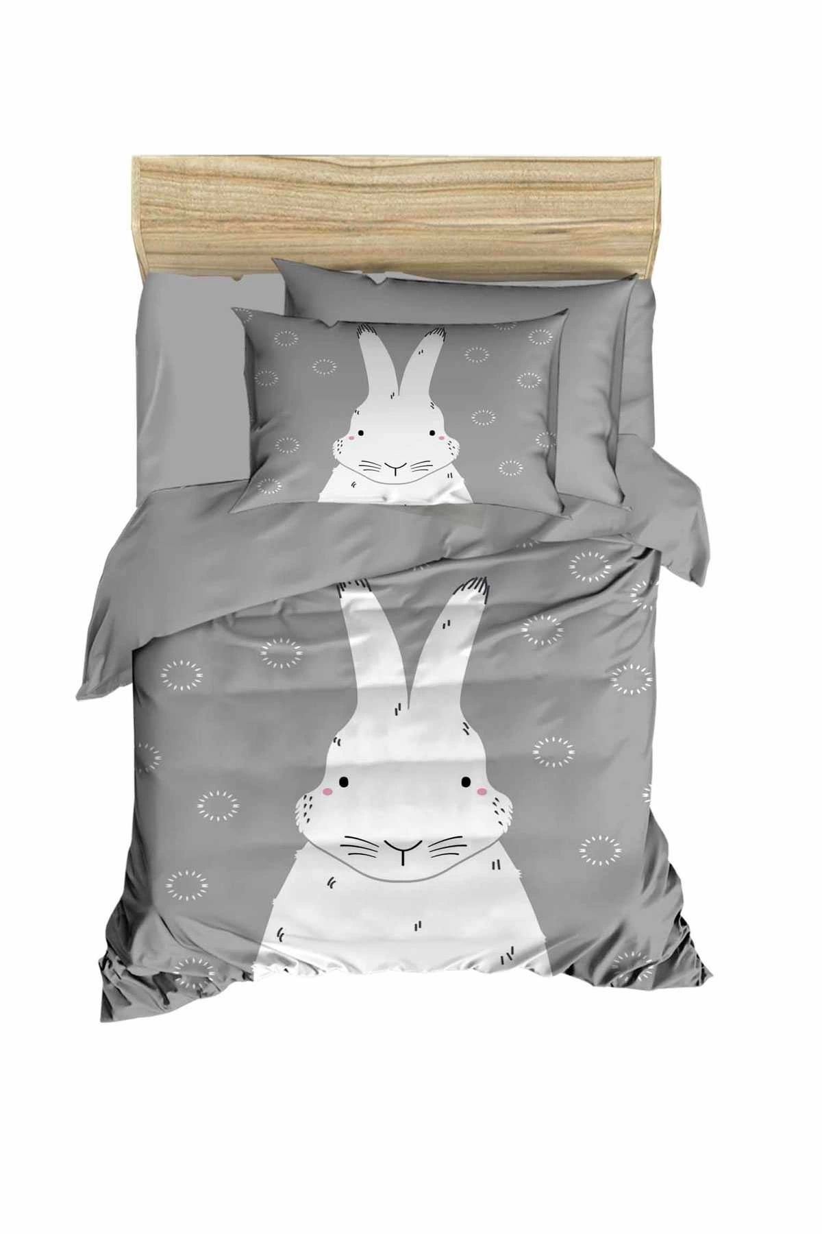 Mira Home Yenidoğan Kız / Erkek Unisex Bebek Nevresim Takımı %100 Pamuklu Gri Tavşan