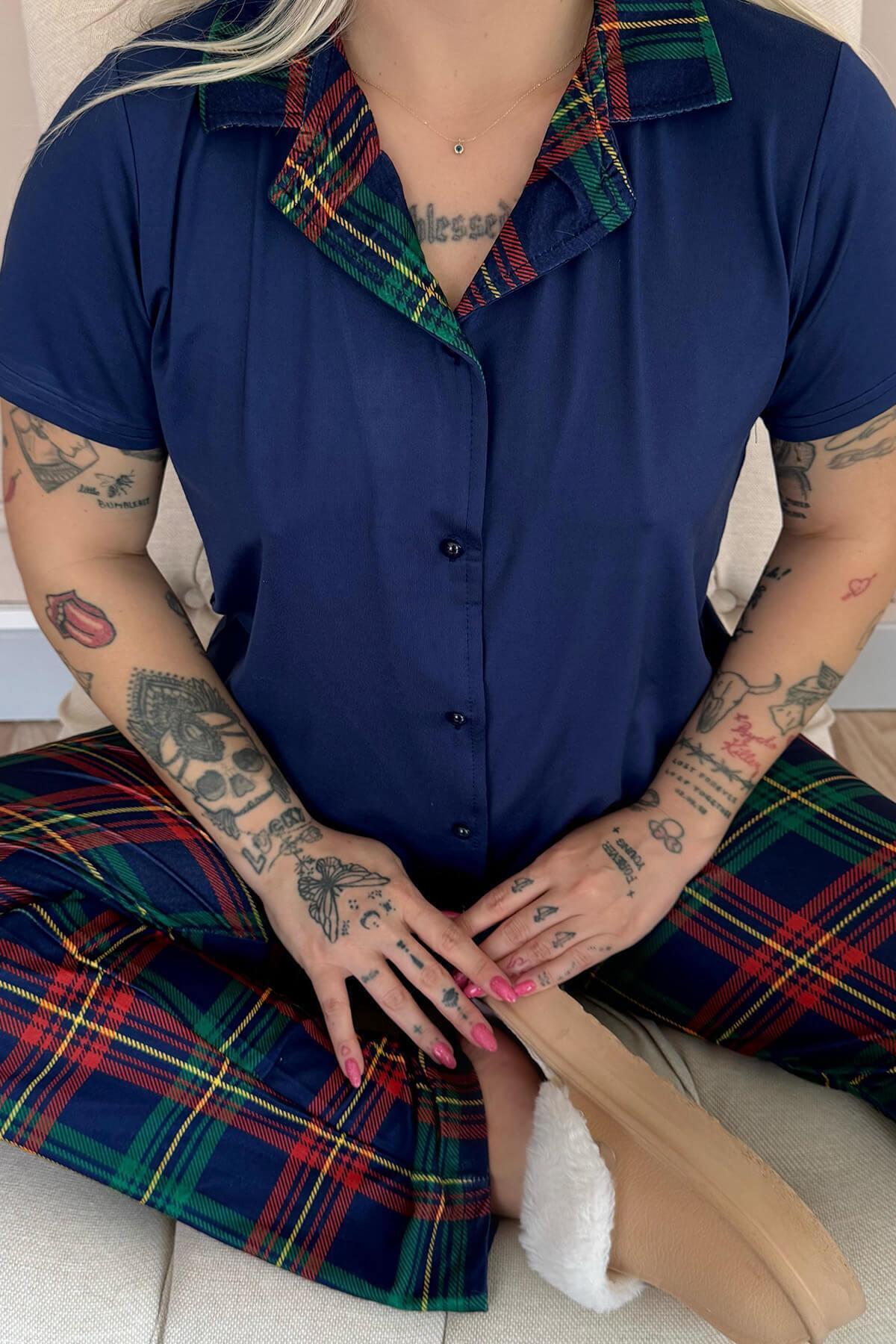 Pijamaevi-Navy Tartan Exclusive Front Buttoned Women's Pajama Set 5