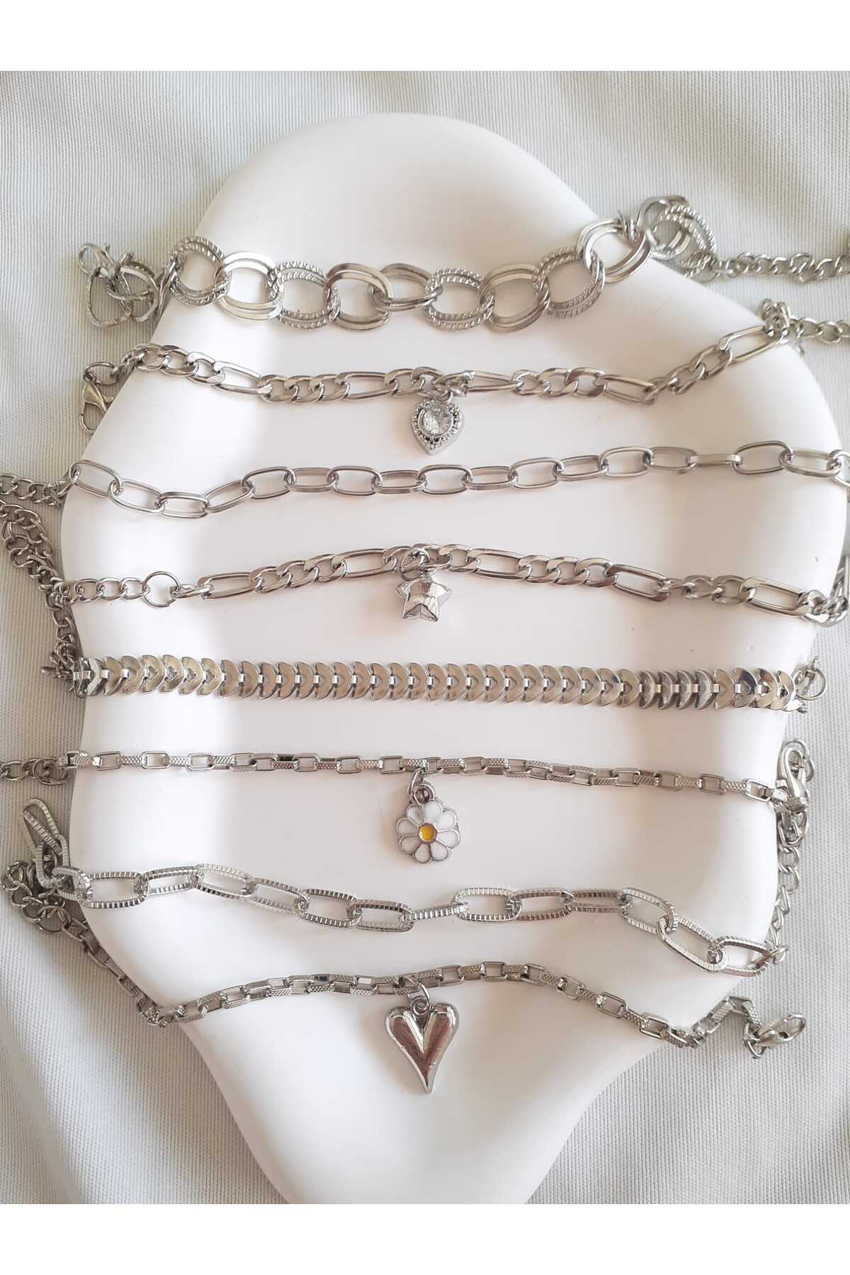 bijoux uniques  kalp&yıldız&papatya figürlü 8 adet Gümüş kaplama Bileklik Seti - Görsel 2
