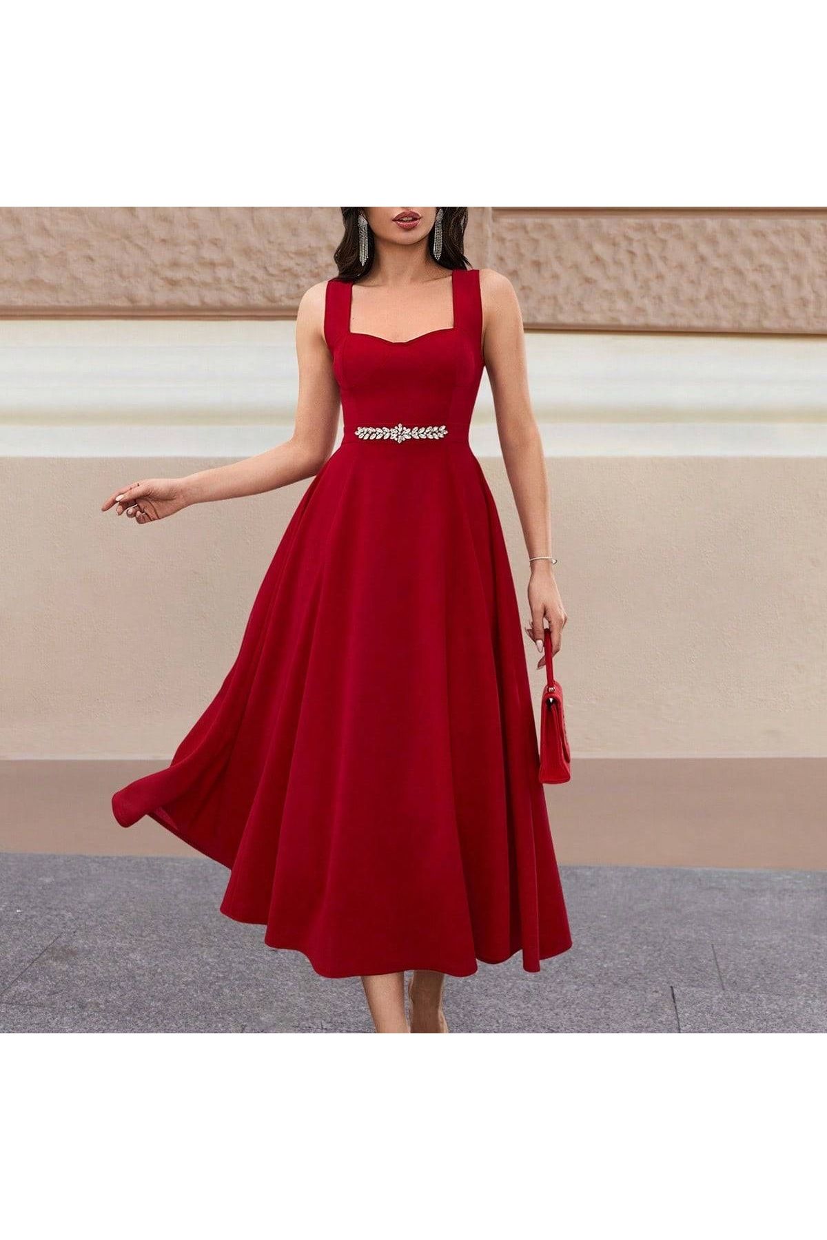 mass fashion Kadın Taş Yırtmaç Detaylı Kolsuz Uzun Elbise - Kırmızı