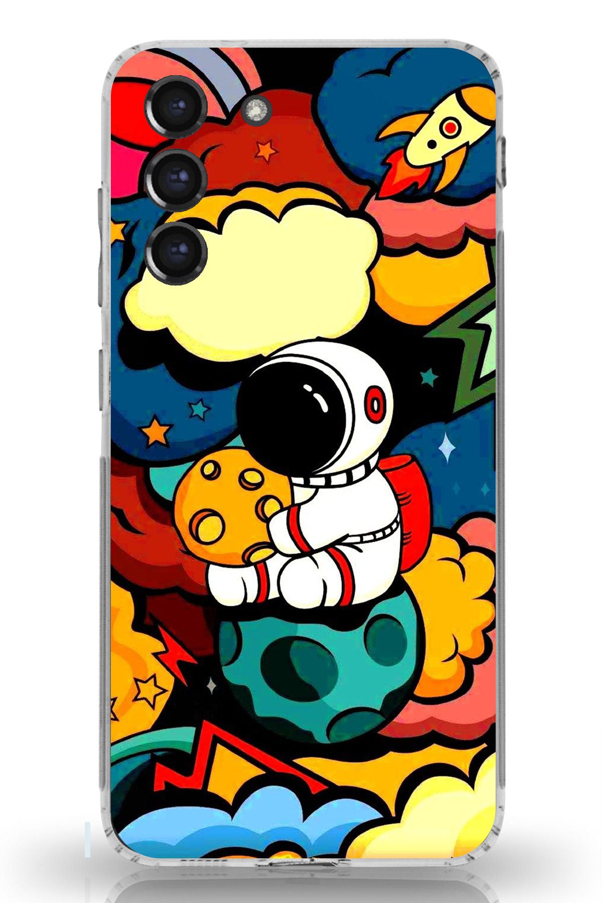 TechTree Galaxy S21 FE Uyumlu Renkli Astronot Tasarımlı Şeffaf Silikon Kılıf