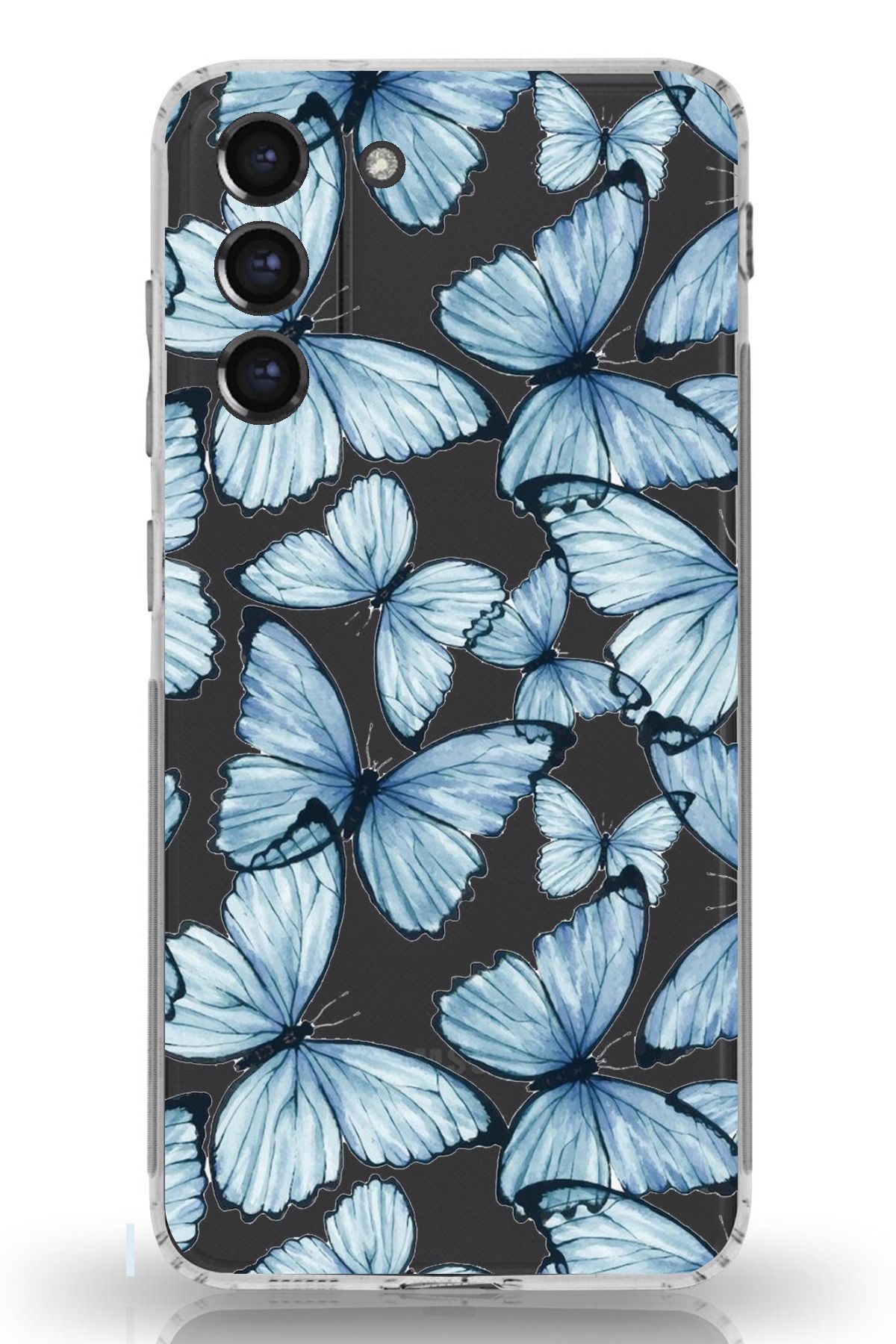 TechTree Galaxy S21 FE Uyumlu Mavi Kelebekler Tasarımlı Şeffaf Silikon Kılıf