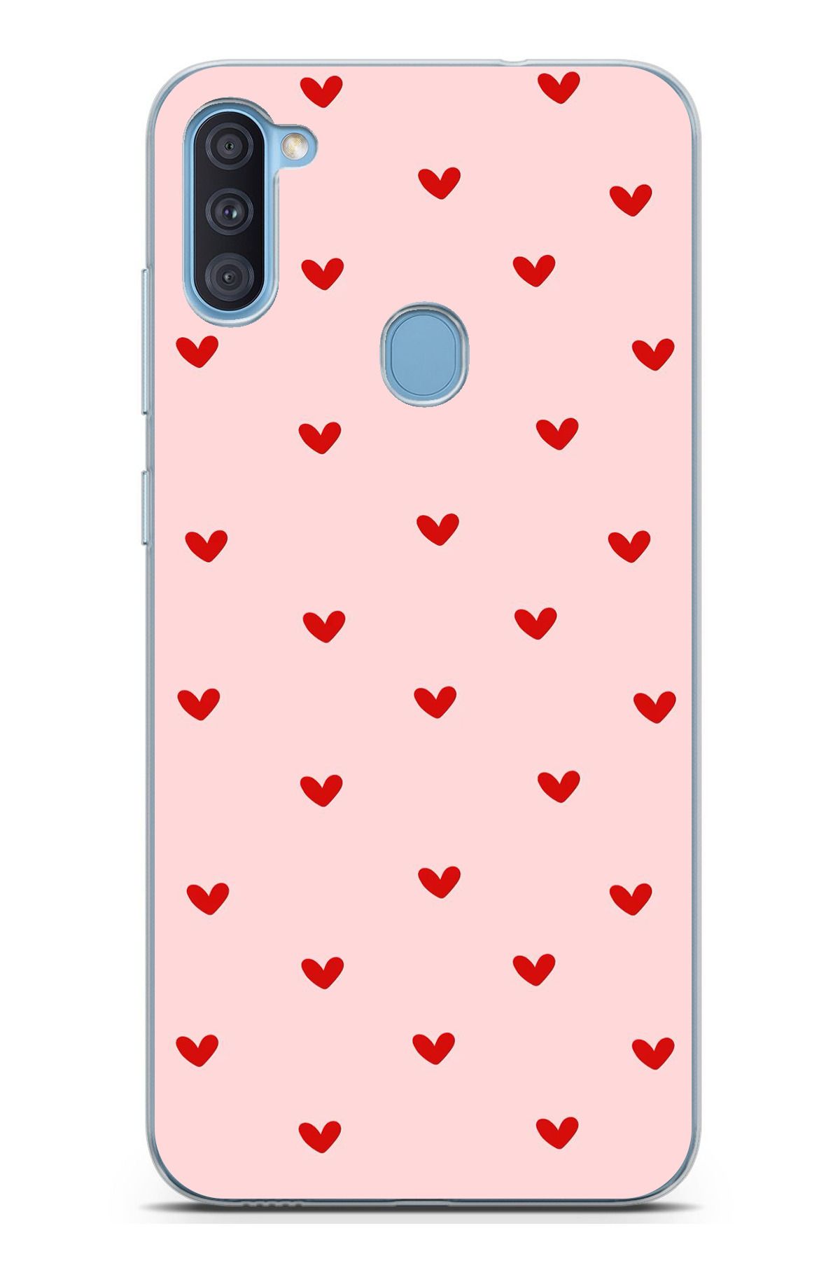 TechTree Galaxy A11 - M11 Uyumlu Kırmızı Minik Kalpler Şeffaf Silikon Kılıf