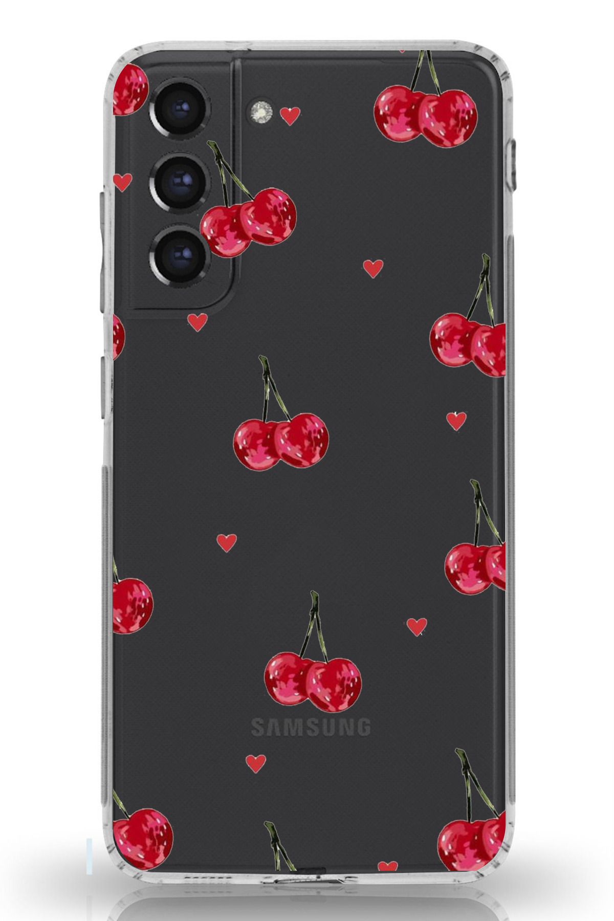 TechTree Galaxy S21 FE Uyumlu Kirazlar ve Kalpler Tasarımlı Şeffaf Silikon Kılıf