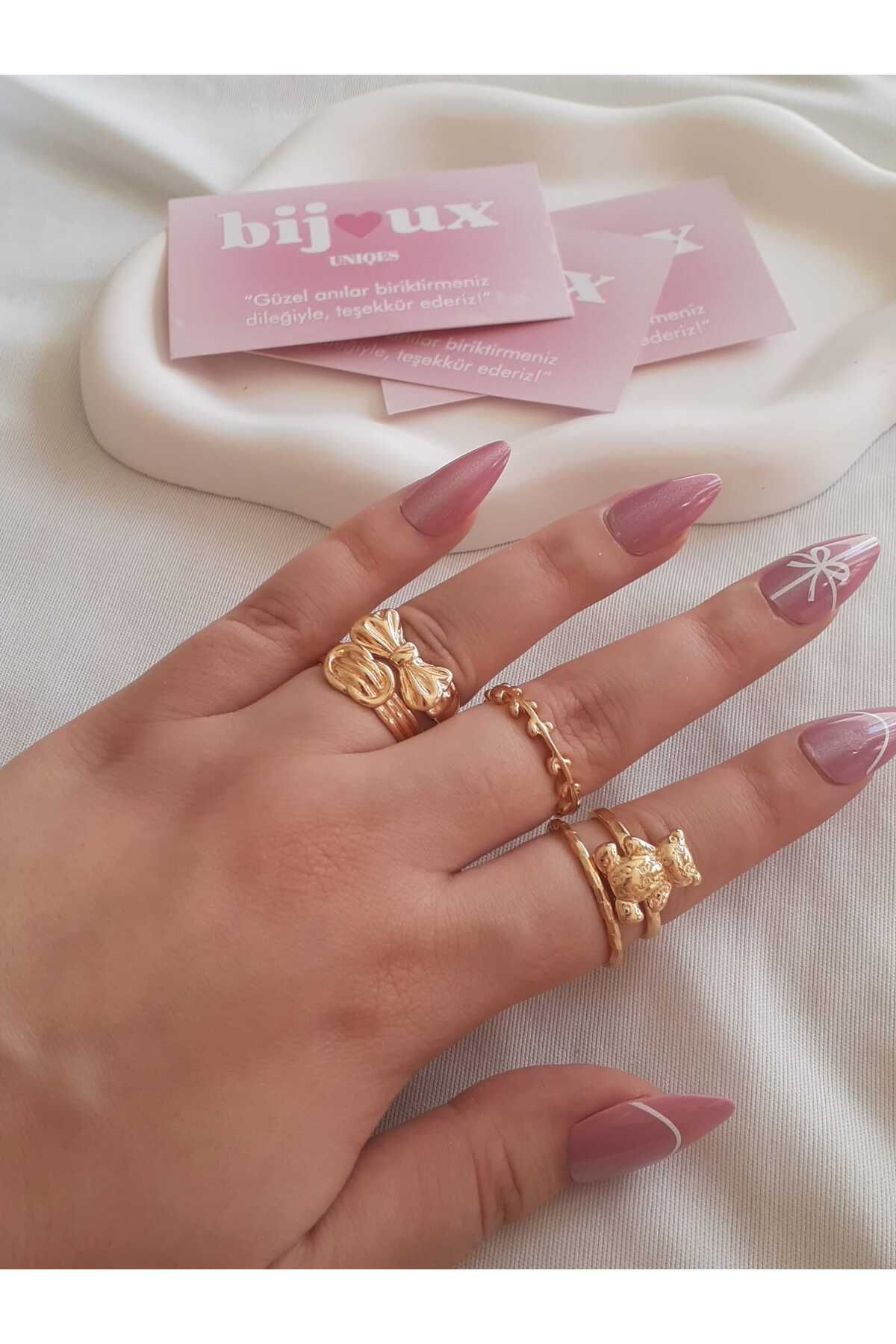 bijoux uniques 5li Fiyonk&Ayıcık Figürlü Gold Bijuteri Yüzük Seti