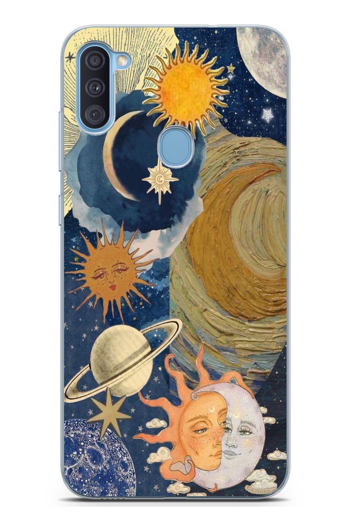 TechTree Galaxy A11 - M11 Uyumlu Güneş ve AY Evren Tasarımlı Şeffaf Silikon Kılıf