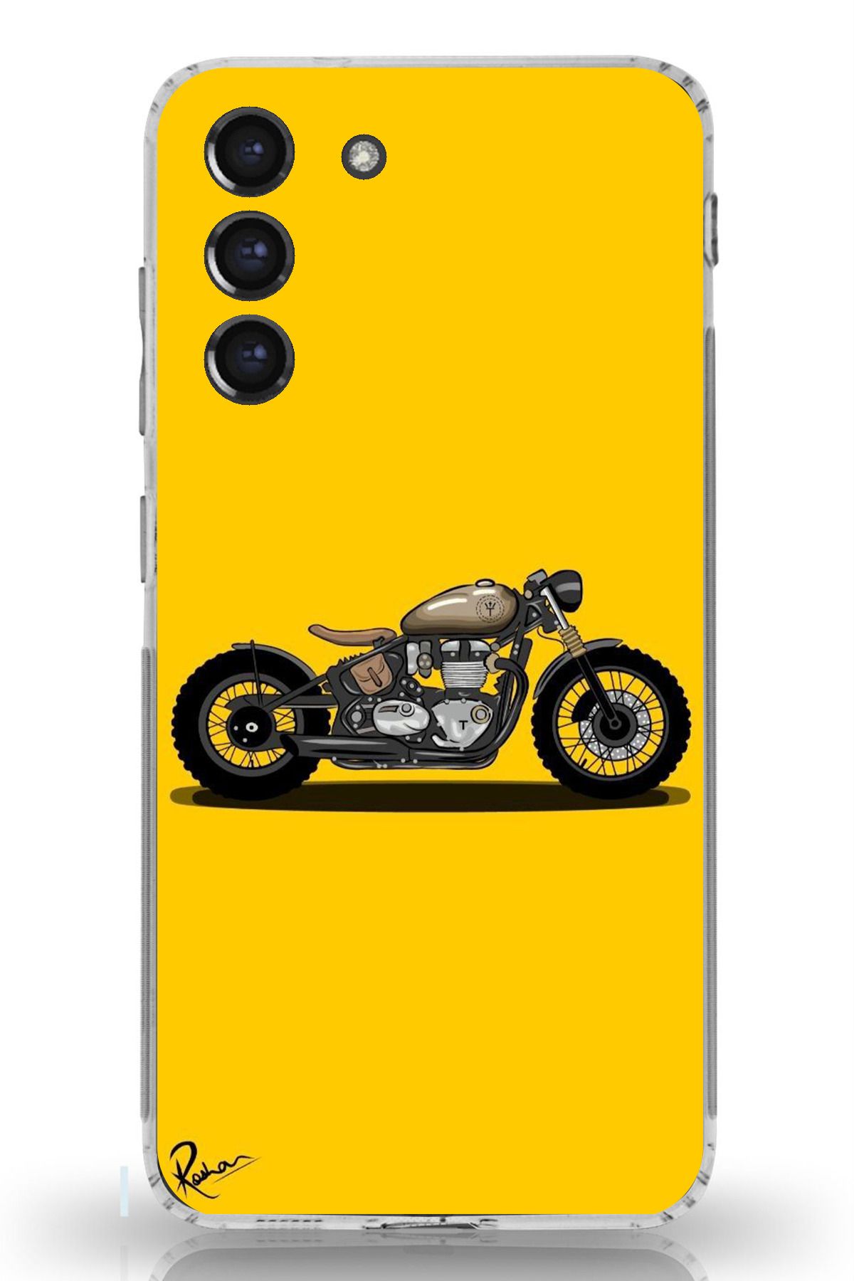 TechTree Galaxy S21 FE Uyumlu Klasik Motor Sarı Tasarımlı Şeffaf Silikon Kılıf