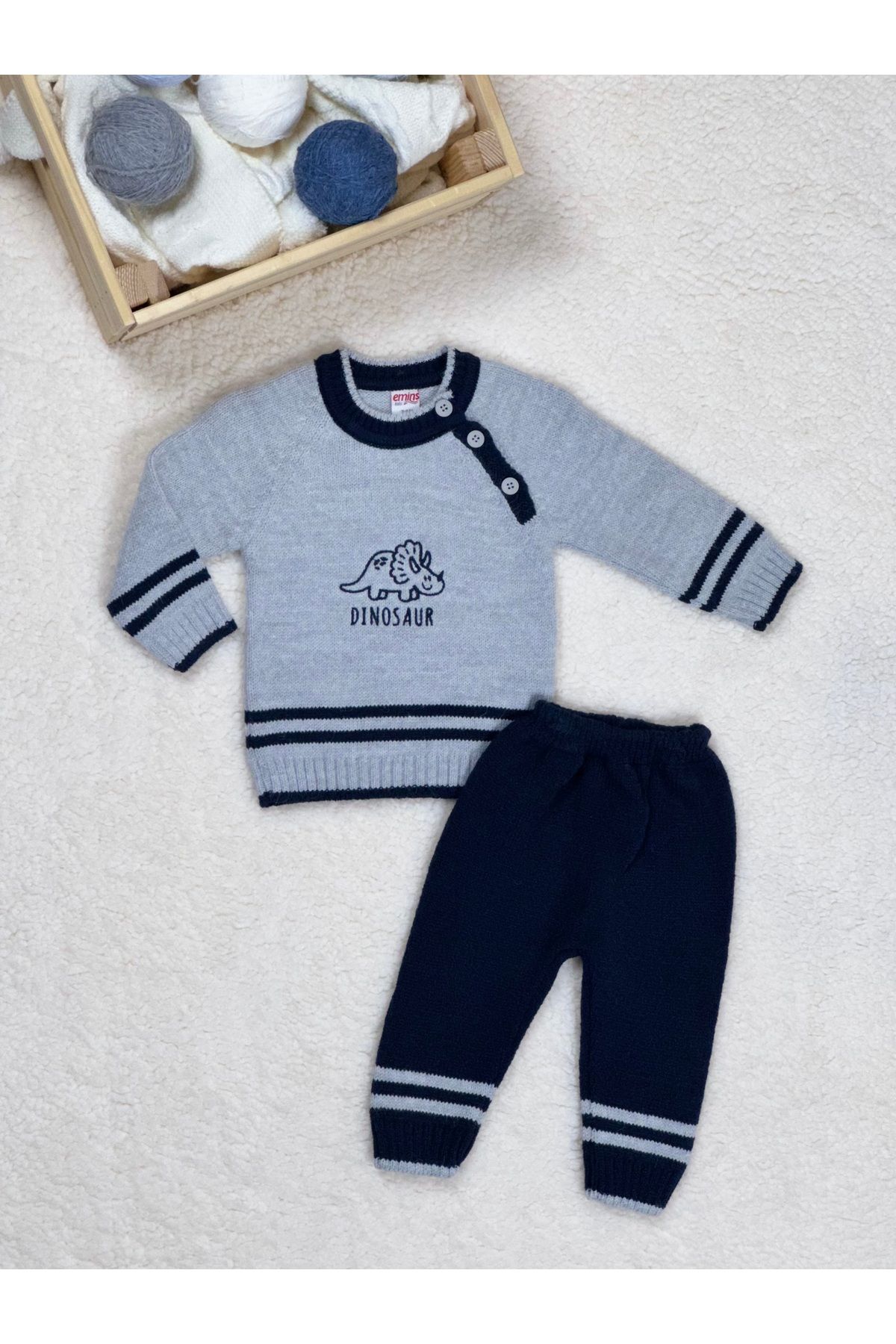 E&S EMİN'S 615 emins Triko Erkek Bebek Sevimli Dinozor Nakışlı Reglan Kol Üst Beli Lastikli Pantolon Takım
