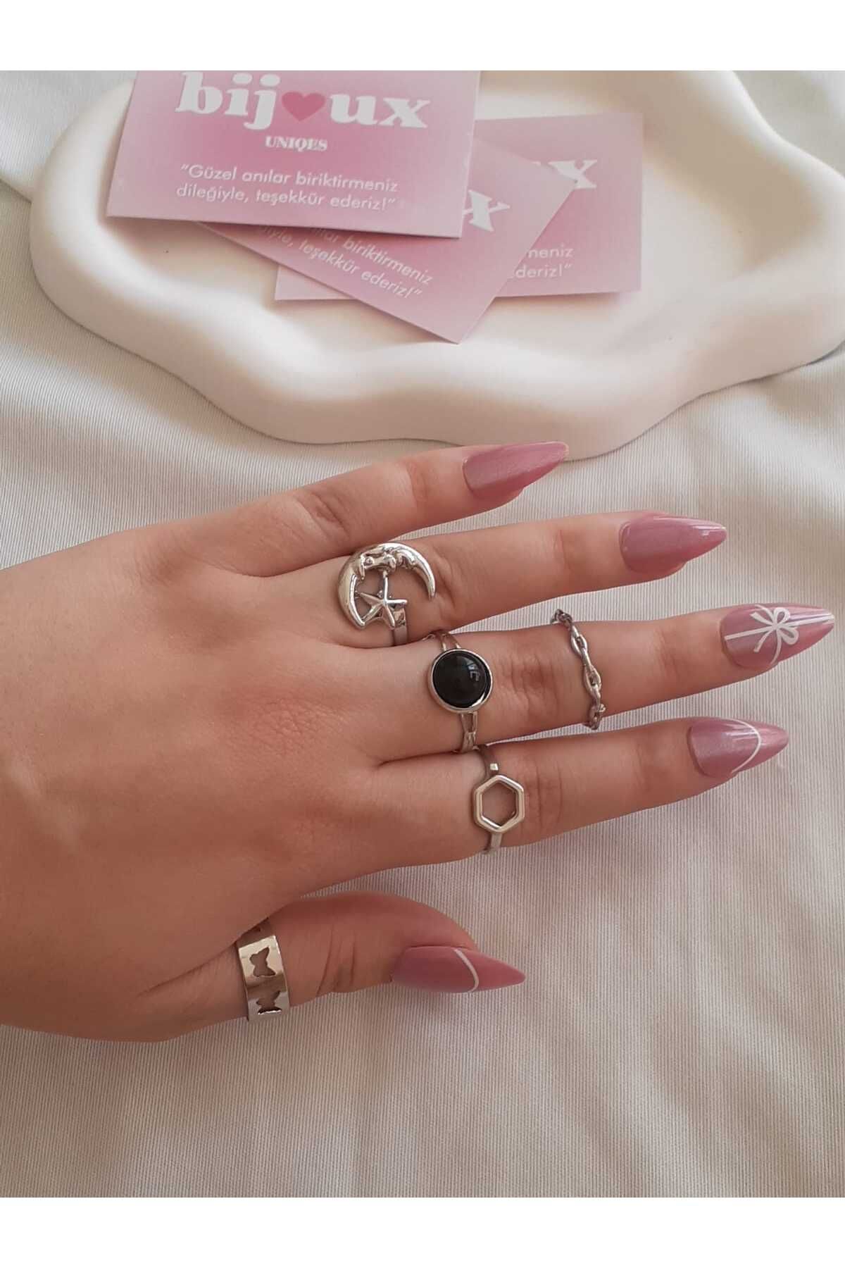 bijoux uniques 5li Ay&Yıldız Figürlü Gümüş Bijuteri Yüzük