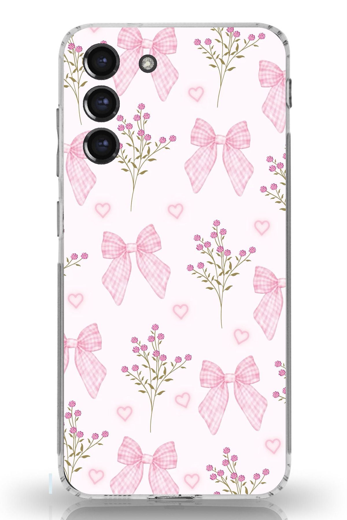 TechTree Galaxy S21 FE Uyumlu Pembe Çiçek ve Fiyonklar Şeffaf Silikon Kılıf