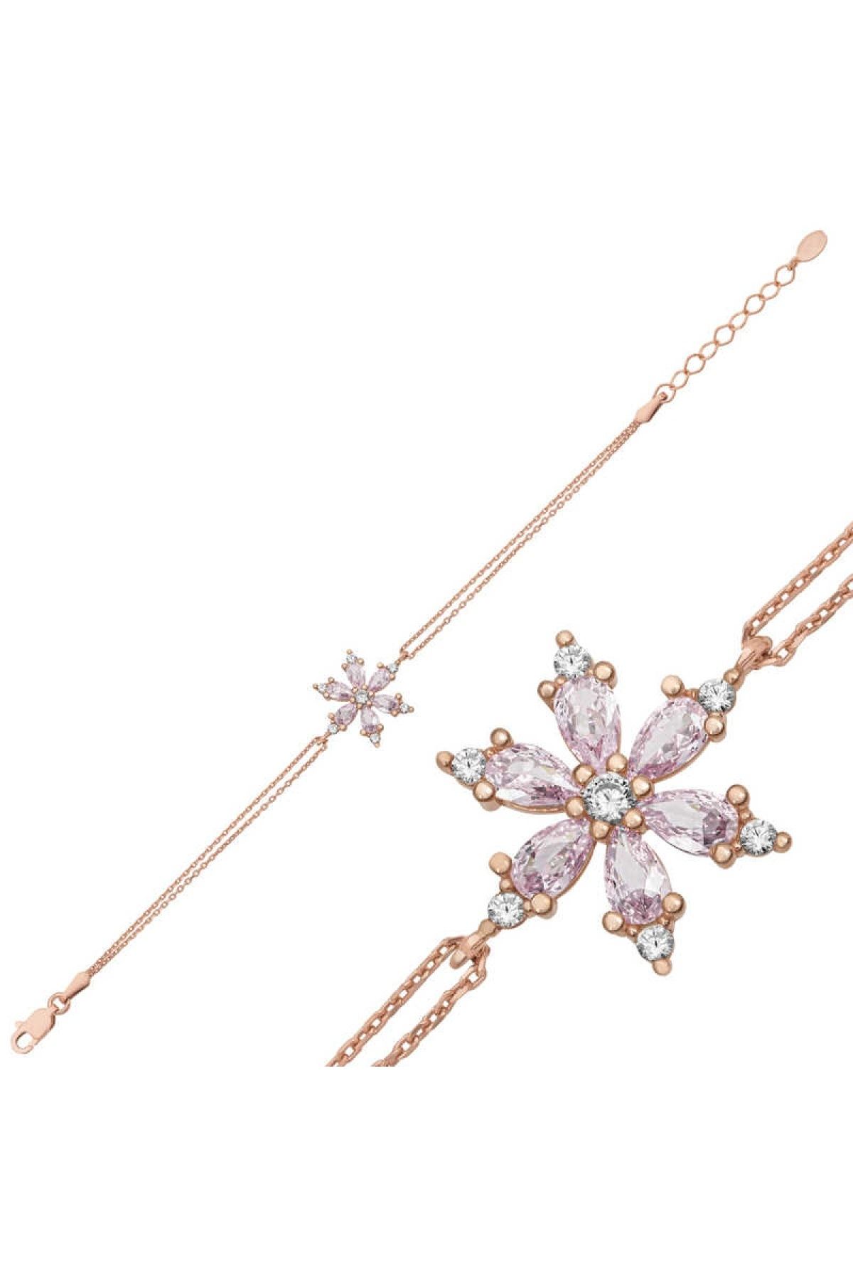 Findit Gümüş Rose Pembe Lotus Çiçeği Kadın Bileklik
