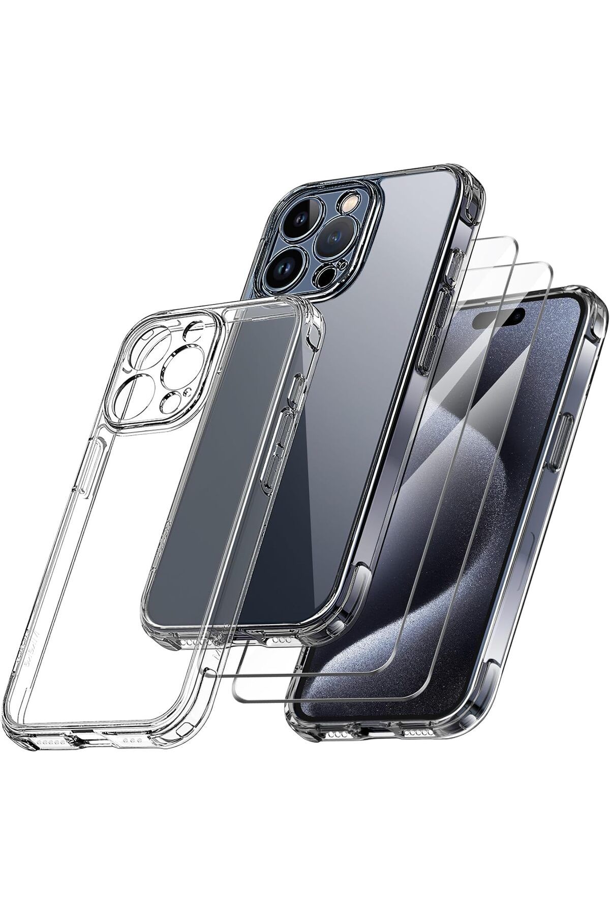Rivor Apple iPhone 15 Pro Uyumlu Kılıf Kamera Çıkıntılı Şeffaf İnce Silikon Kapak + 9H Ekran Koruyucu Set