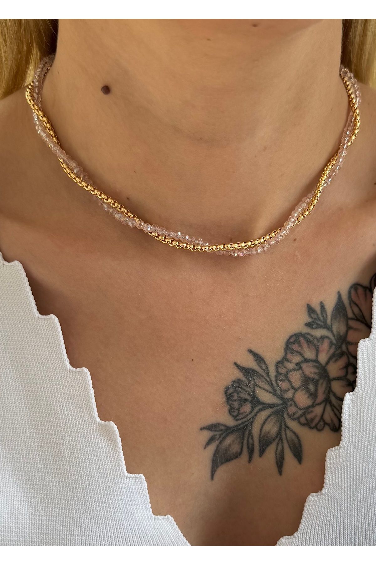 takıtarzım Toz pembe kristal gold zincir dolama kolye