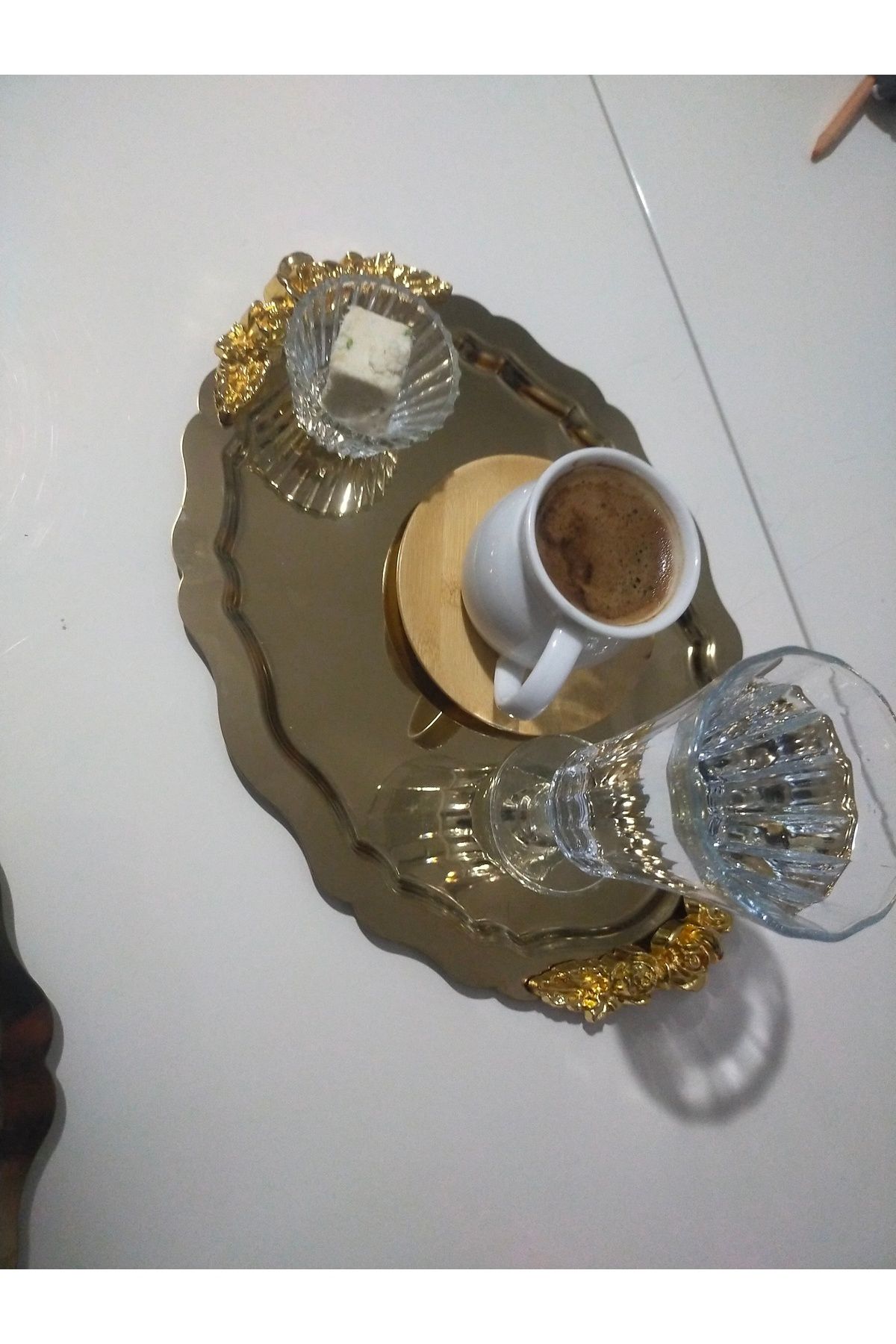 SUN INOX STORE 6 ADET OVAL GOLD GÜL AKSESUARLI ÇAY KAHVE SUNUM , SÖZ NİŞAN VE DEKOR TEPSİSİ
