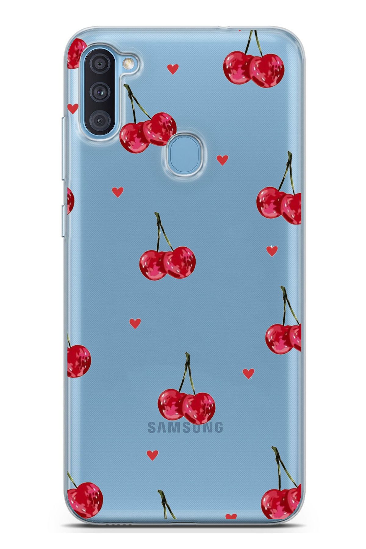 TechTree Galaxy A11 - M11 Uyumlu Kirazlar ve Kalpler Tasarımlı Şeffaf Silikon Kılıf