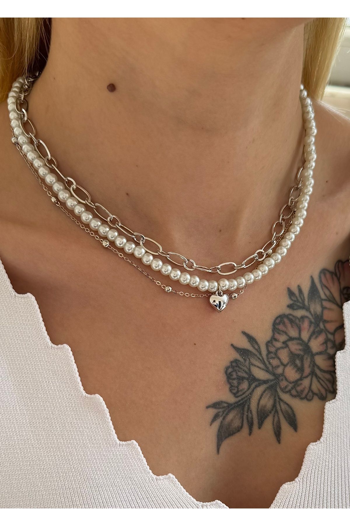 takıtarzım İnci kalp 3,lü kadın silver kombin kolye