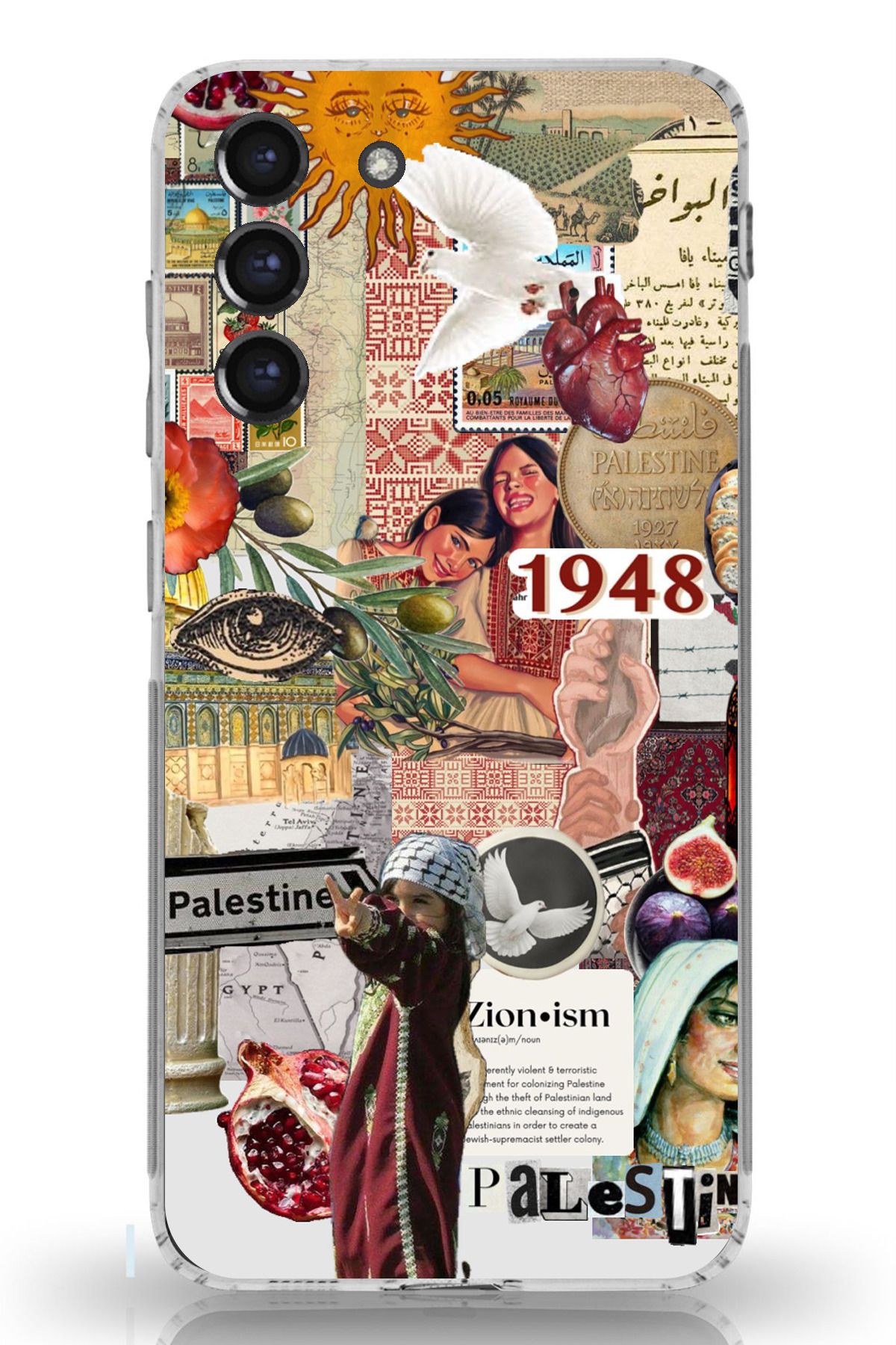 TechTree Galaxy S21 FE Uyumlu 1948 Filistin Kolaj Tasarımlı Şeffaf Silikon Kılıf