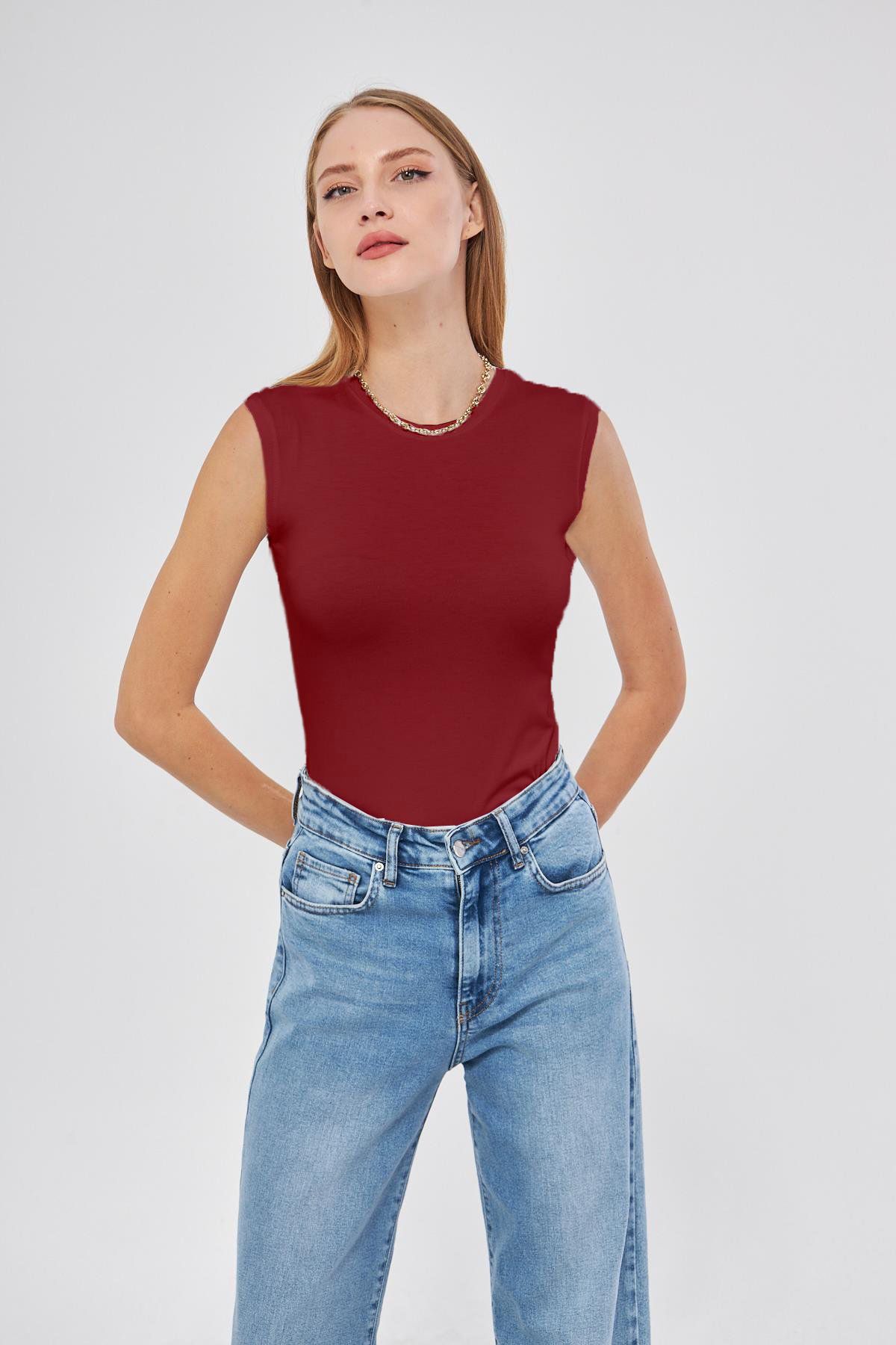 studiofashion Kadın Bej Bisiklet Yaka Sıfır Kol %95Viskon %5 Likralı Body