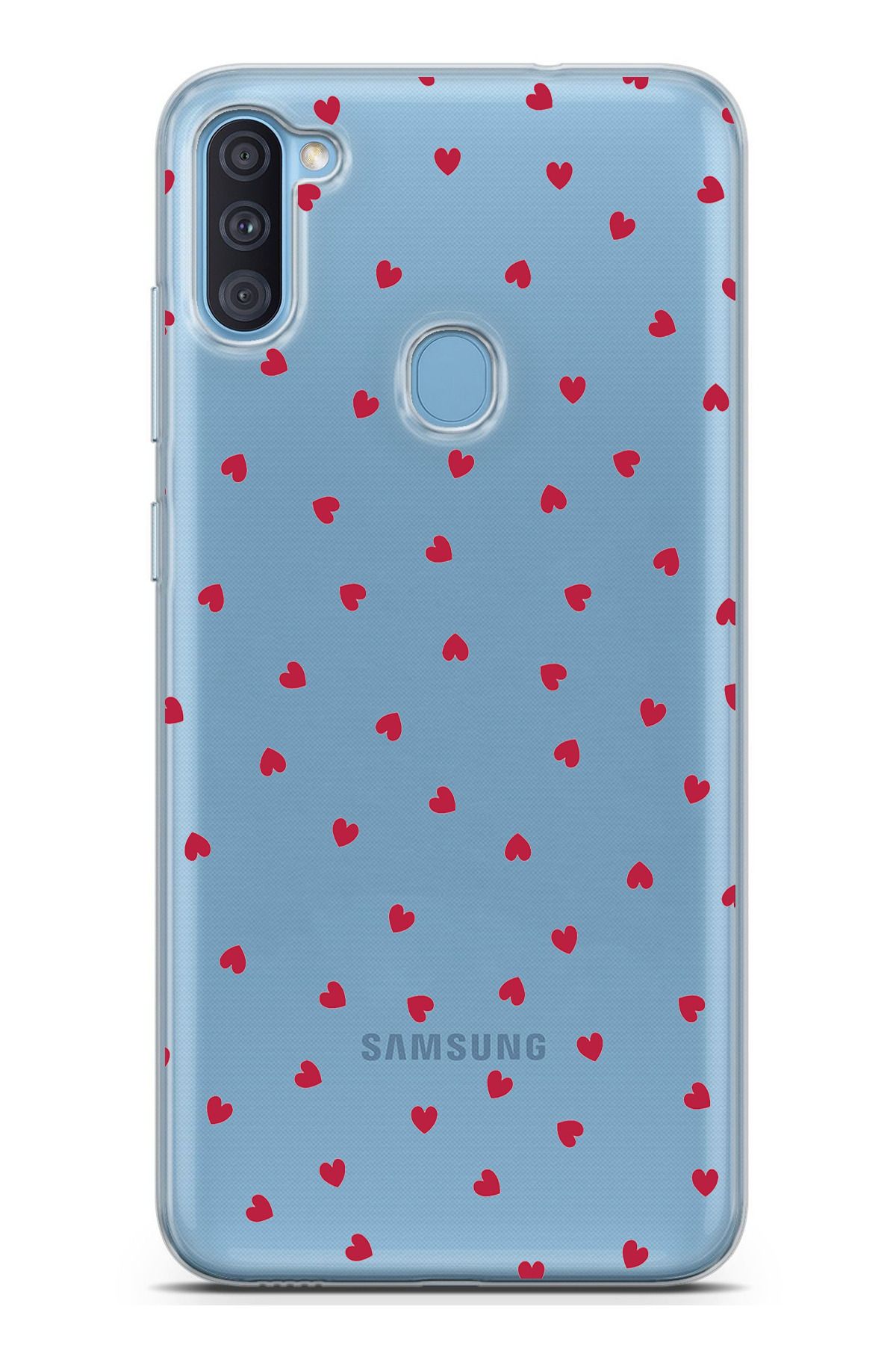 TechTree Galaxy A11 - M11 Uyumlu Kırmızı Kalpler Tasarımlı Şeffaf Silikon Kılıf