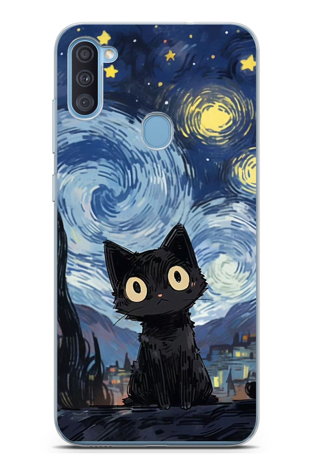 TechTree Galaxy A11 - M11 Uyumlu Gece Yarısı Kedi Tasarımlı Şeffaf Silikon Kılıf