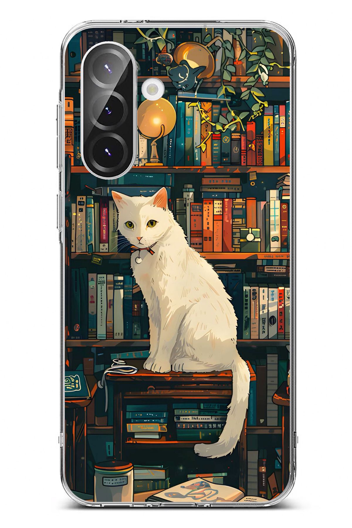 TechTree Galaxy A36 Uyumlu Kitaplık Beyaz Kedi Tasarımlı Şeffaf Silikon Kılıf