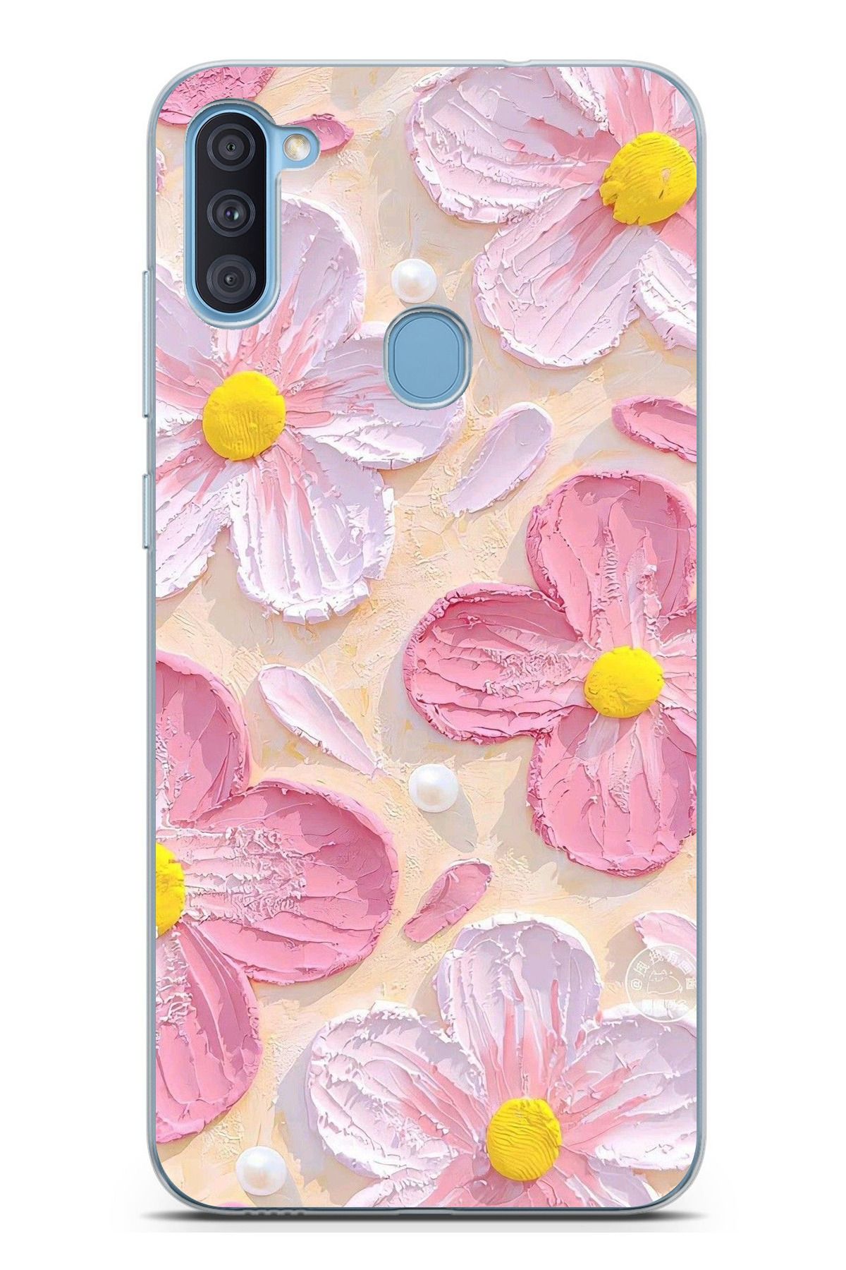 TechTree Galaxy A11 - M11 Uyumlu Pembe Beyaz Çiçekler Sulu Boya Şeffaf Silikon Kılıf