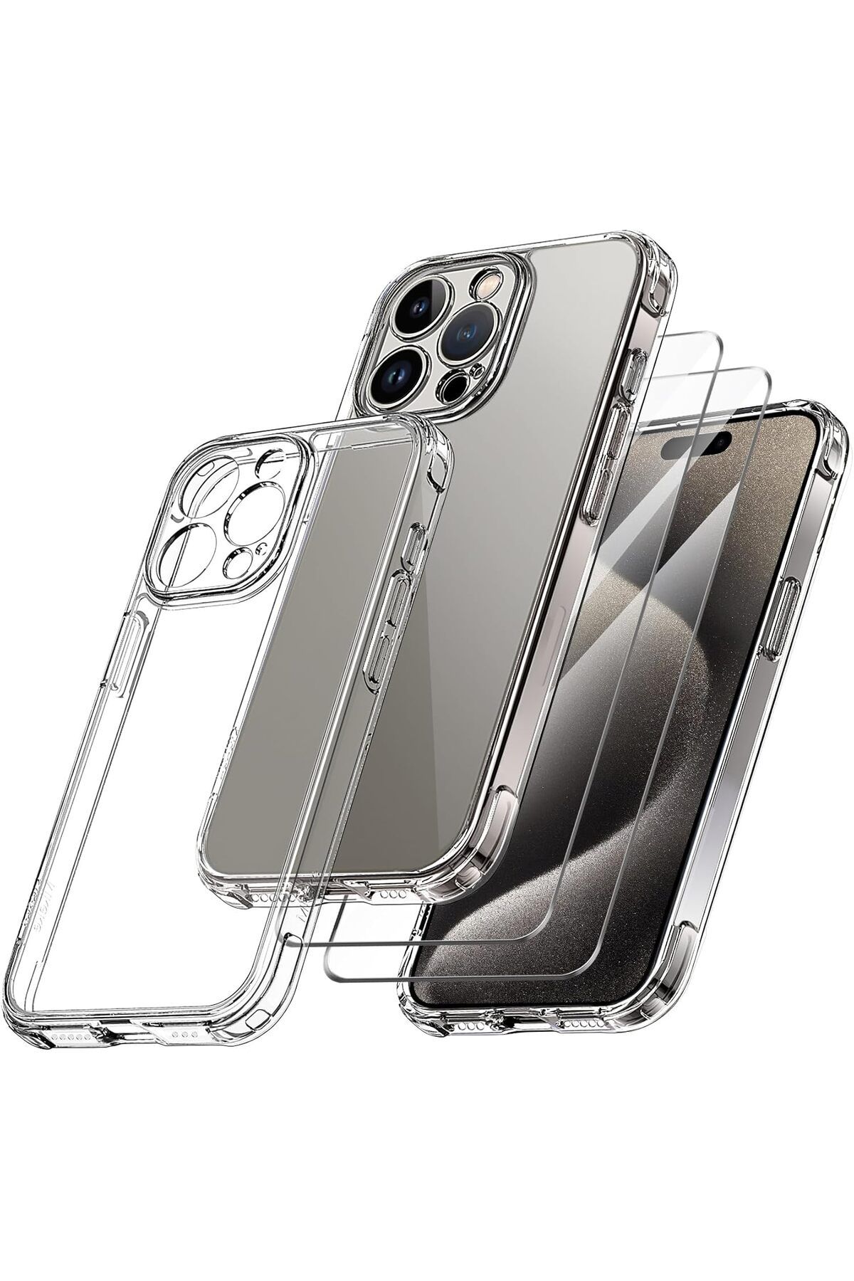 Rivor Apple iPhone 15 Pro Max Kılıf Kamera Çıkıntılı Şeffaf İnce Silikon Kapak + 9H Ekran Koruyucu Set